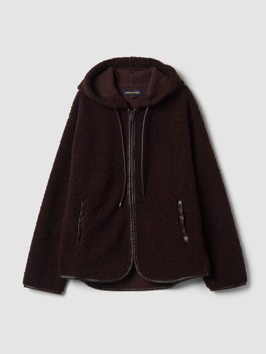 Dark brown sherpa hoodie sweatshirt with crew neck_0