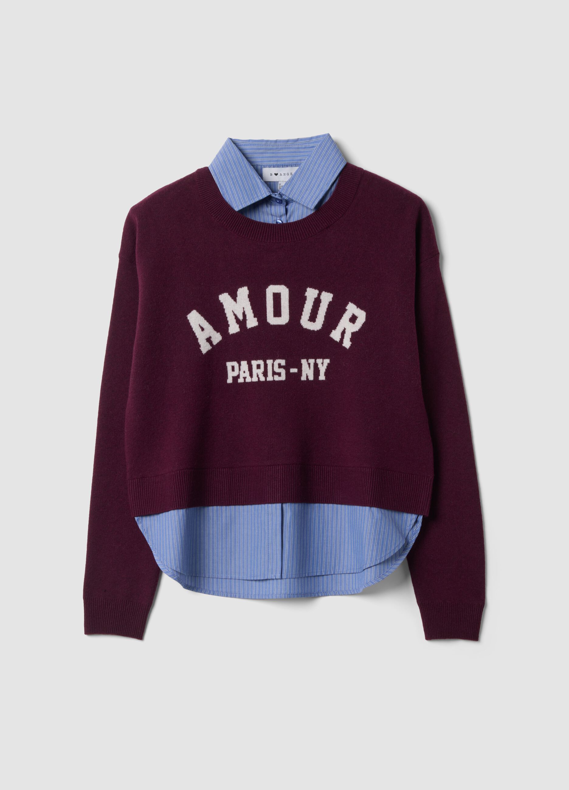 Maglia viola in misto viscosa e lana con scollo a V e inserto camicia