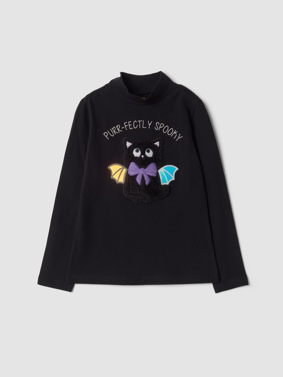 T-shirt nera in cotone elasticizzato con Collo rialzato_4