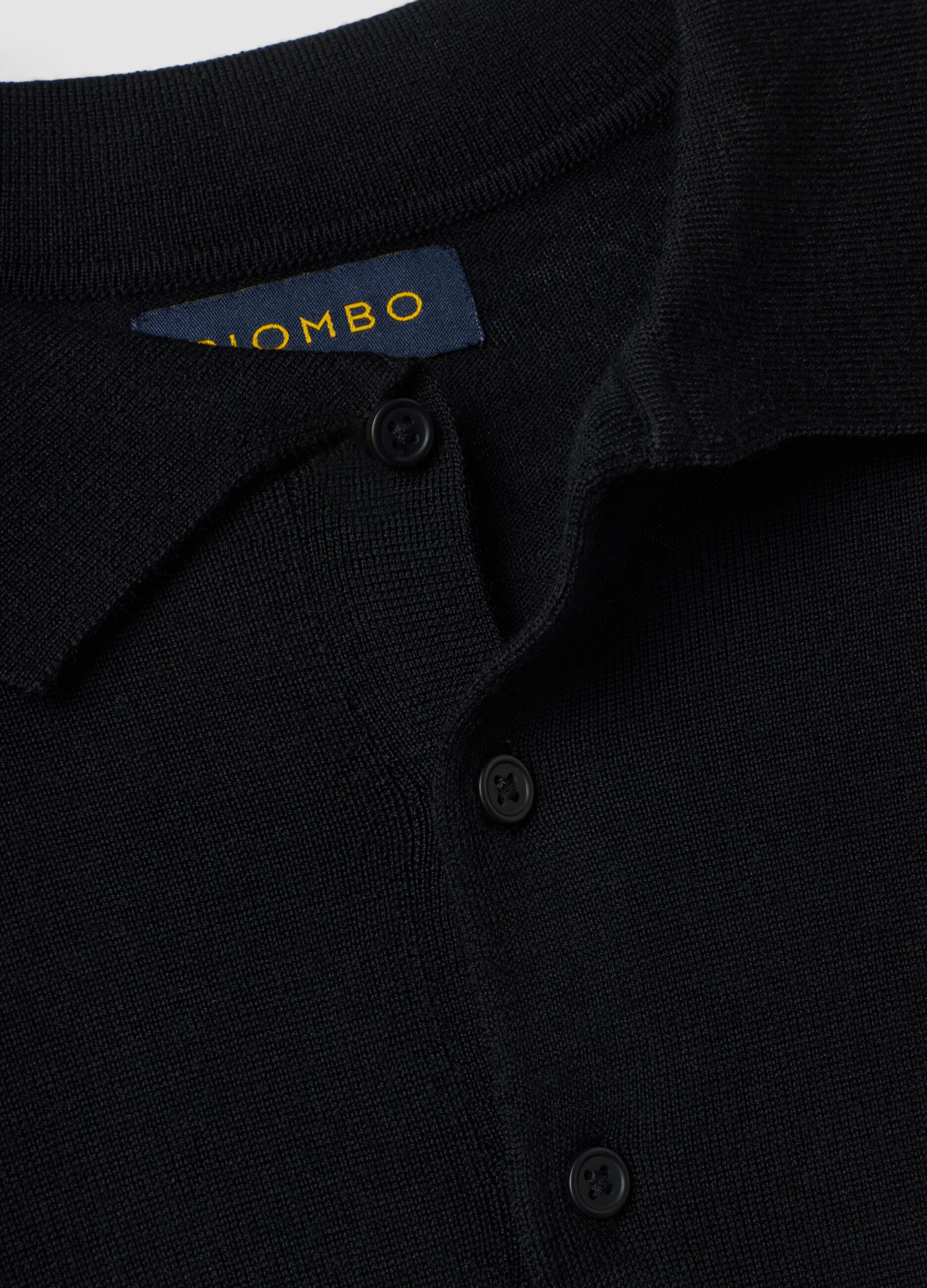 Black pure merino wool polo jumper with polo collar