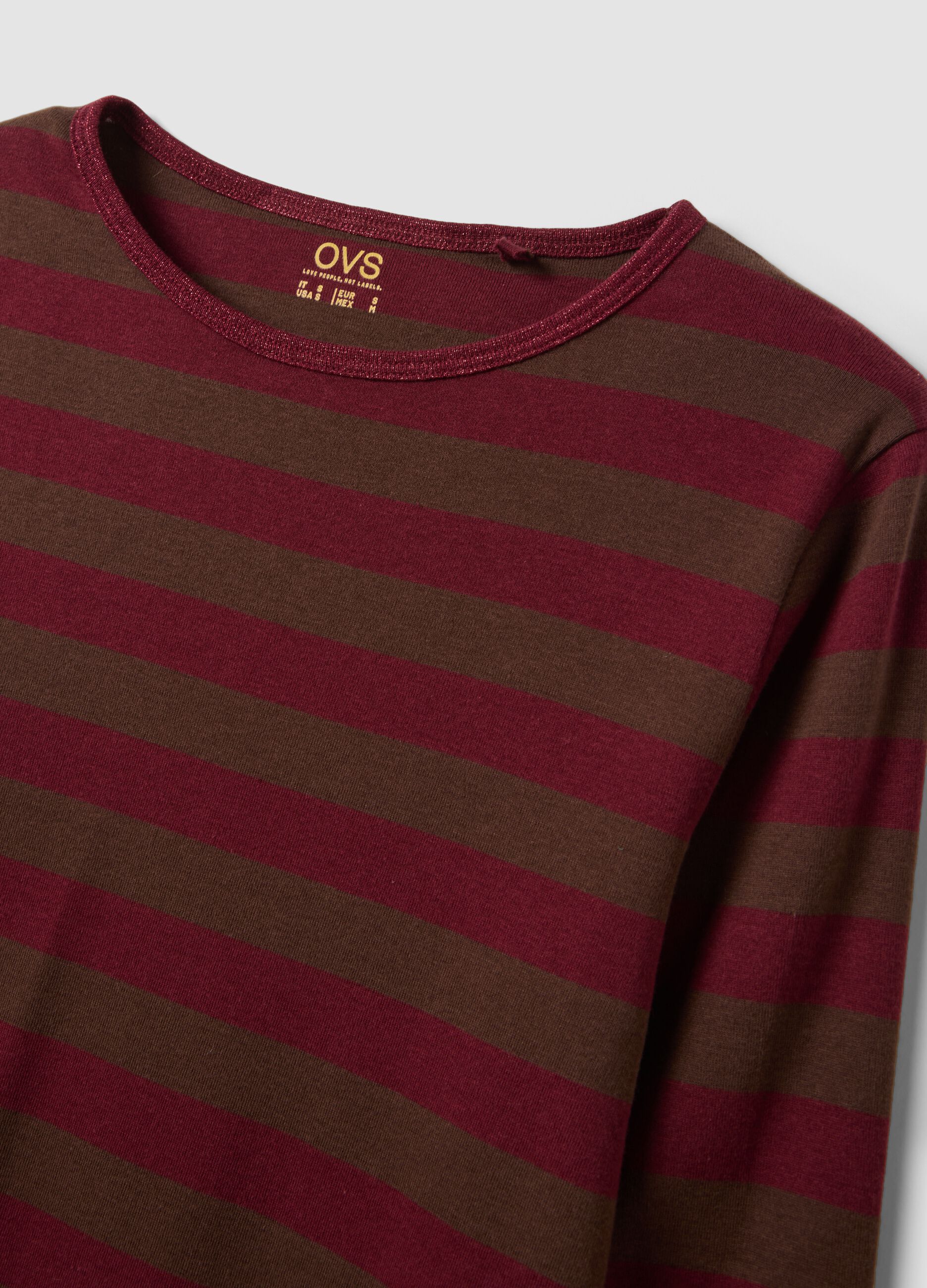 T-shirt marrone a righe in puro cotone con girocollo