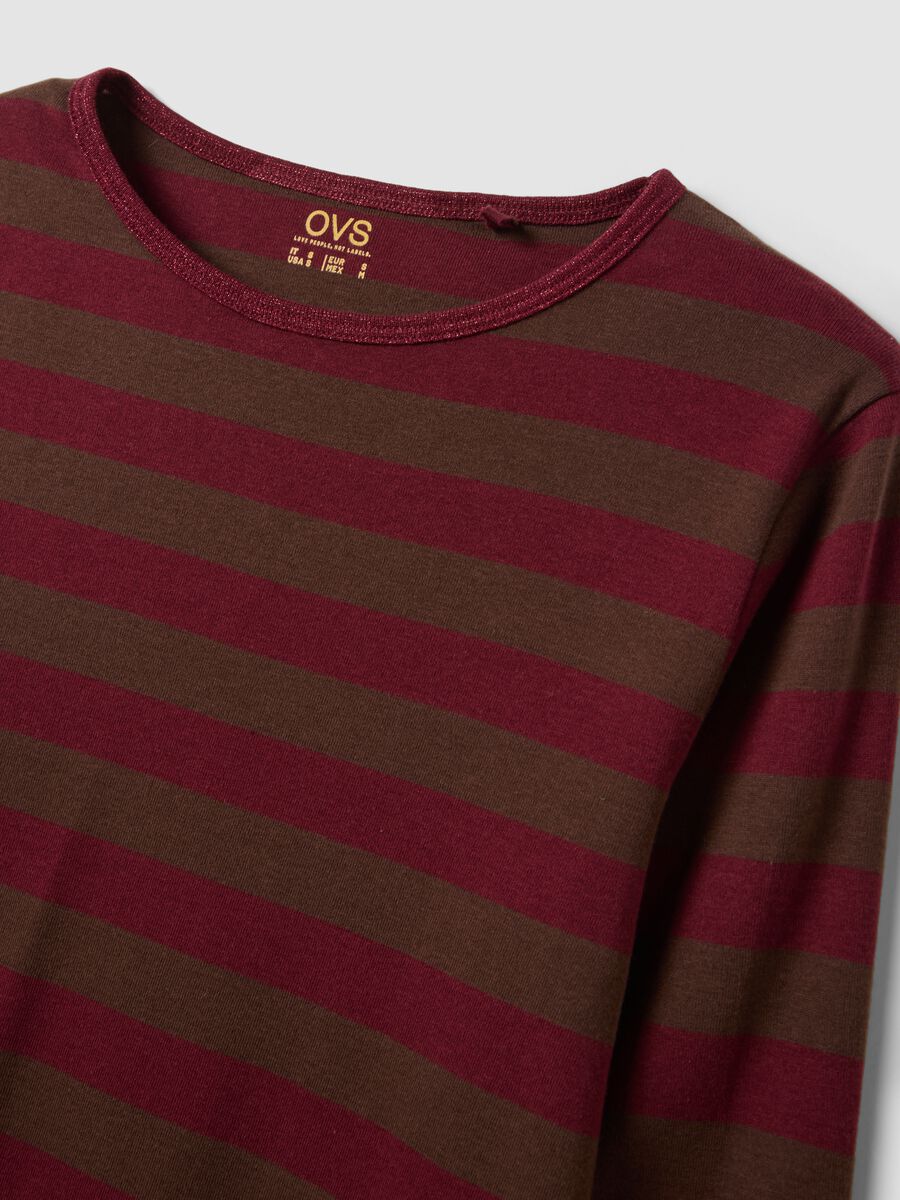 T-shirt marrone a righe in puro cotone con girocollo_5