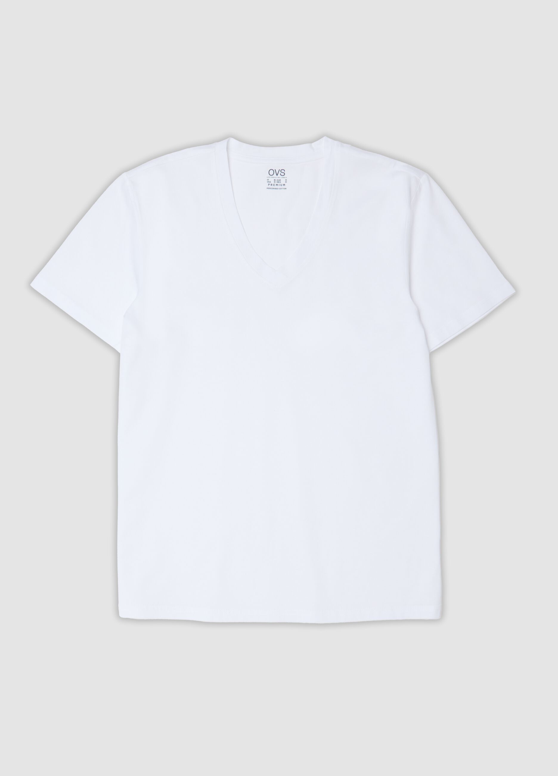 White mercerised pure cotton T-shirt with deep V-neck