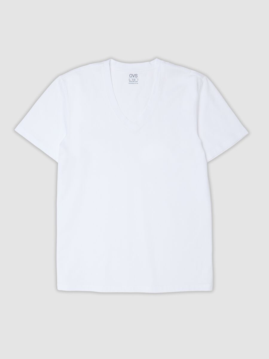 White mercerised pure cotton T-shirt with deep V-neck_0