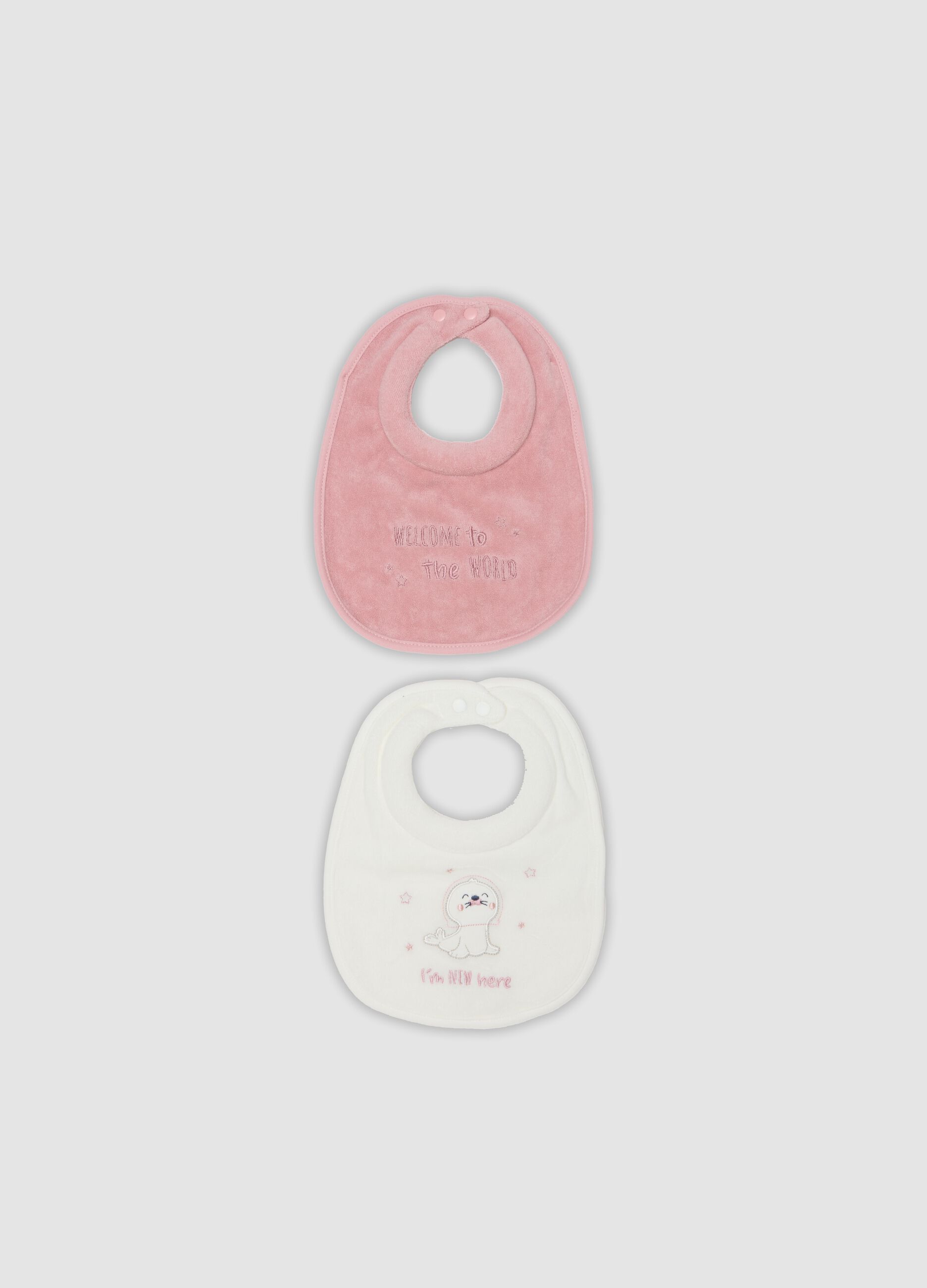 2-pack of pink and white organic cotton-blend bibs with embroidery