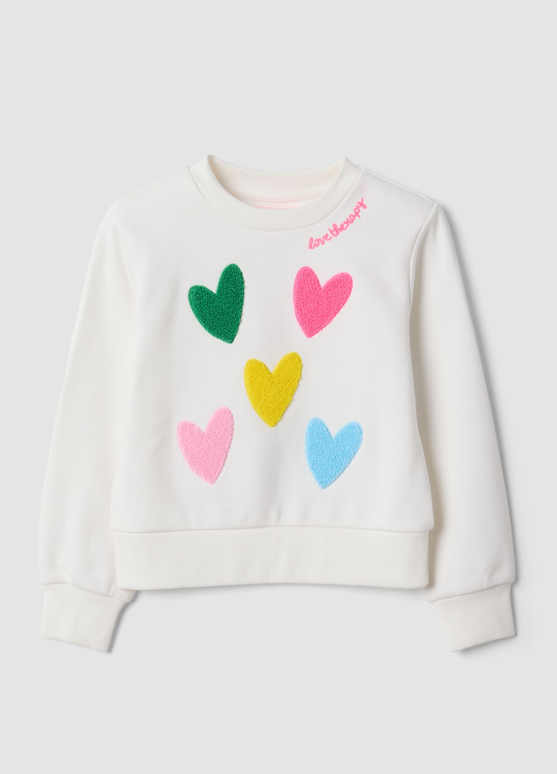 Felpa bianca in misto cotone con girocollo e cuori