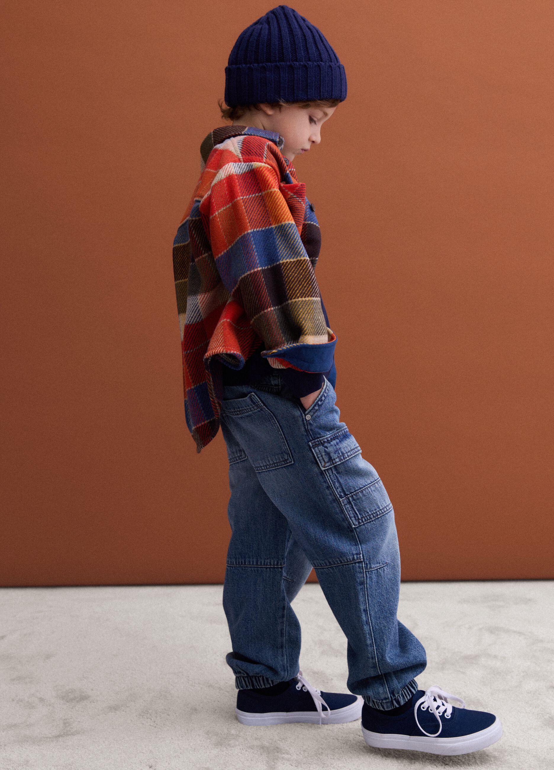Blue denim joggers in cotton and viscose blend, relaxed fit for boys