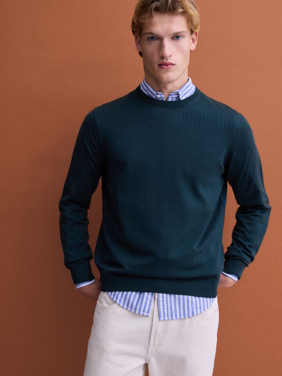 Green pure merino wool crew-neck jumper, regular fit_0