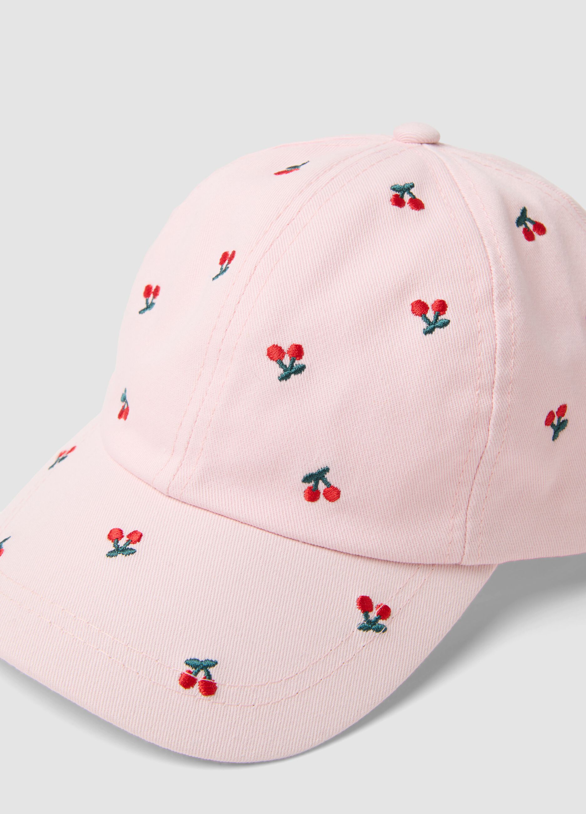 Girls' pure cotton pink hat with embroidered cherries