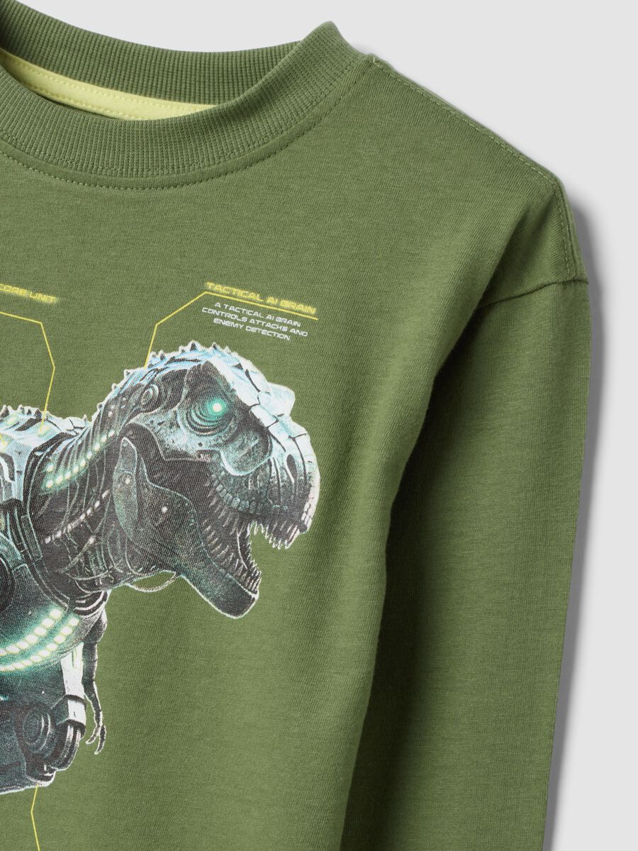 T-shirt over verde in puro cotone organico con stampa dinosauro_2