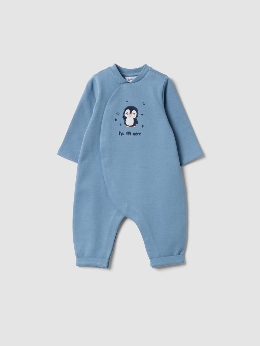 Sky-blue organic cotton baby sleepsuit with embroidery_0