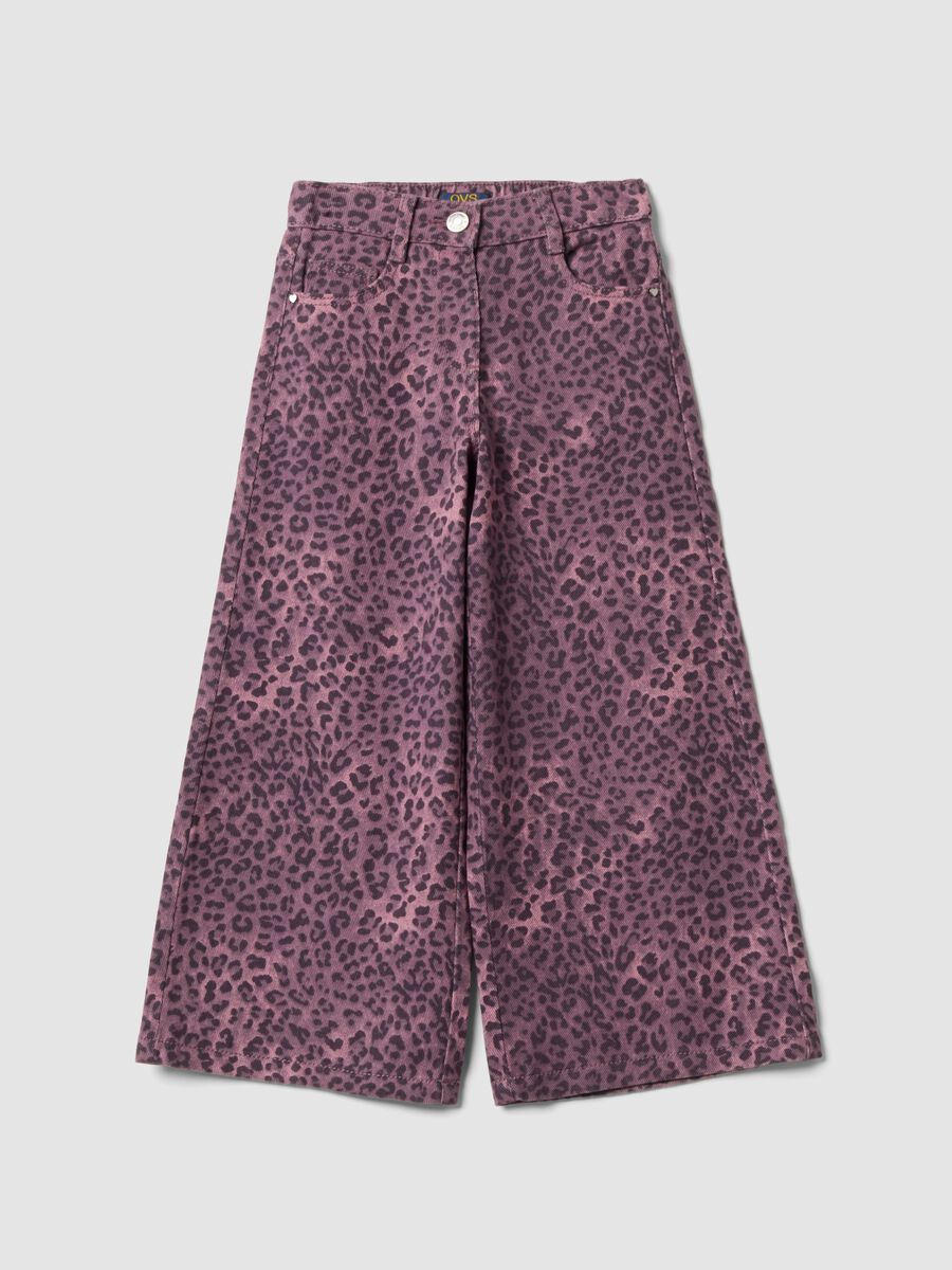 Purple wide-leg pure cotton trousers with animal print for girls_1
