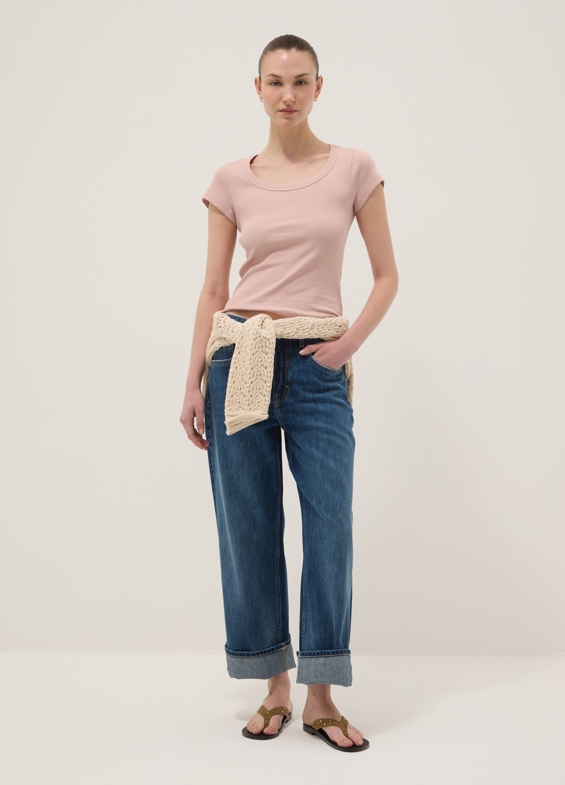 Fitted short-sleeve stretch cotton pink t-shirt