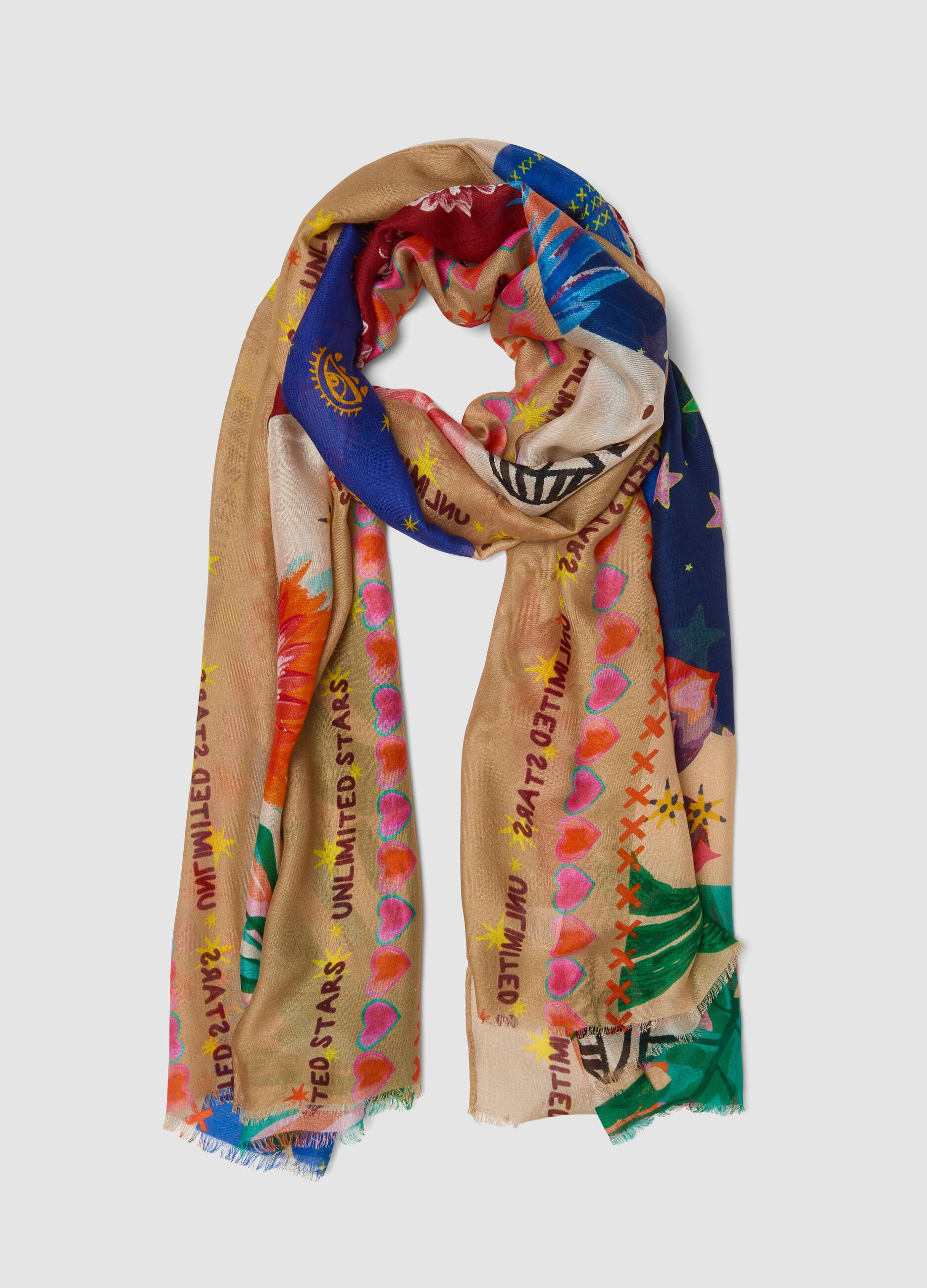 Multicoloured pure viscose patterned scarf