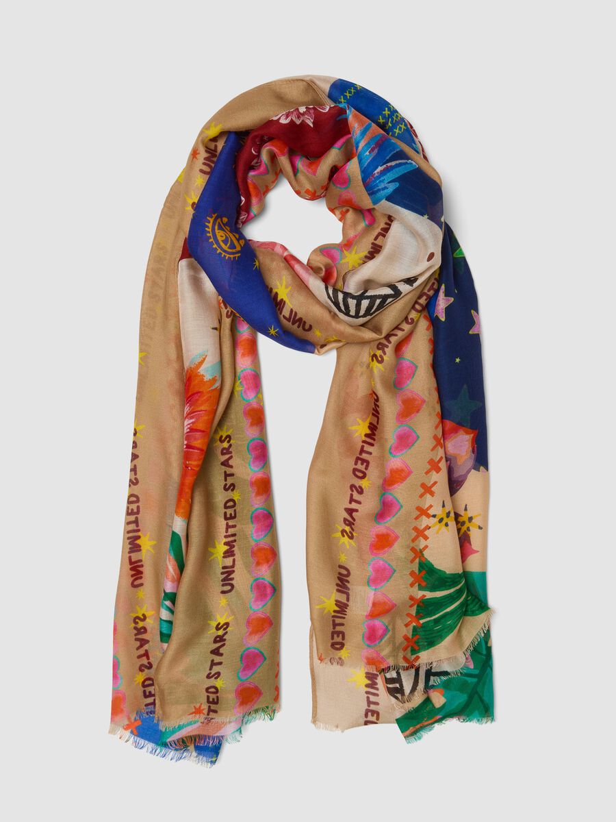 Multicoloured pure viscose patterned scarf_0