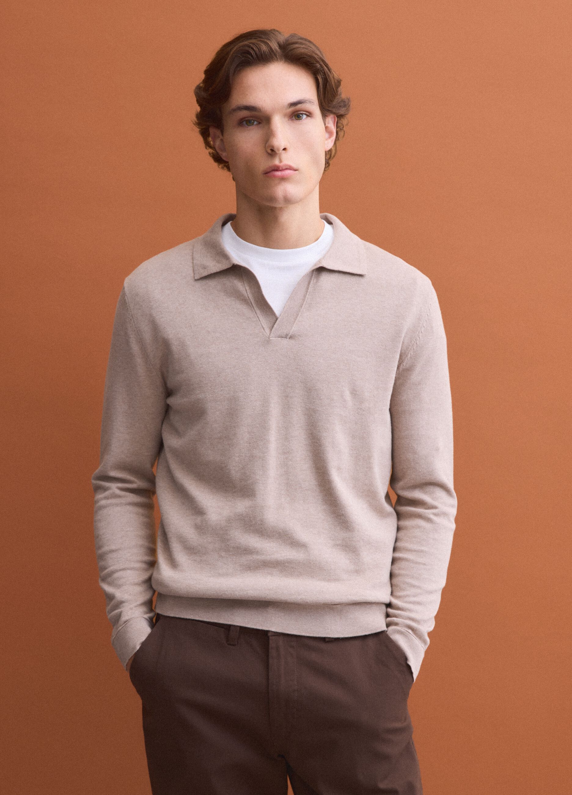 Beige long-sleeve pure cotton polo shirt