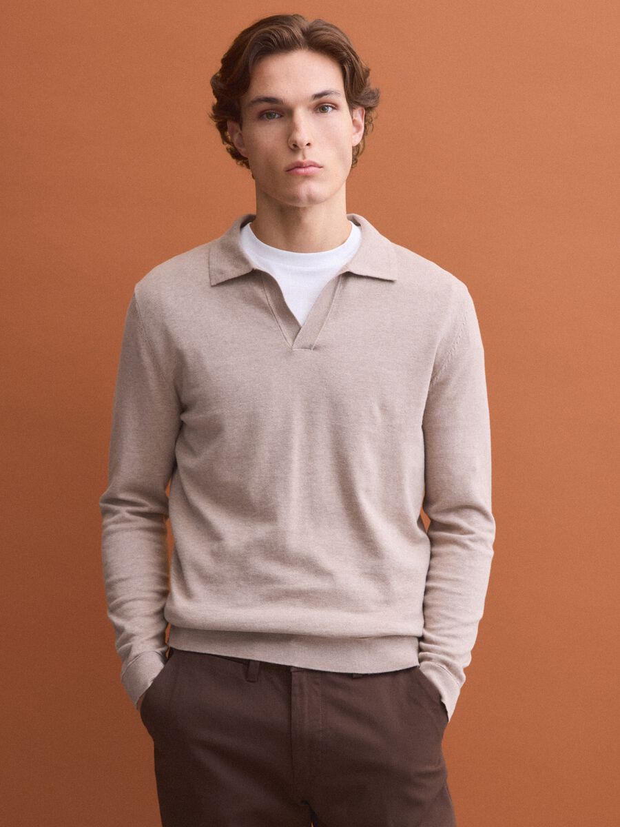 Beige long-sleeve pure cotton polo shirt_2