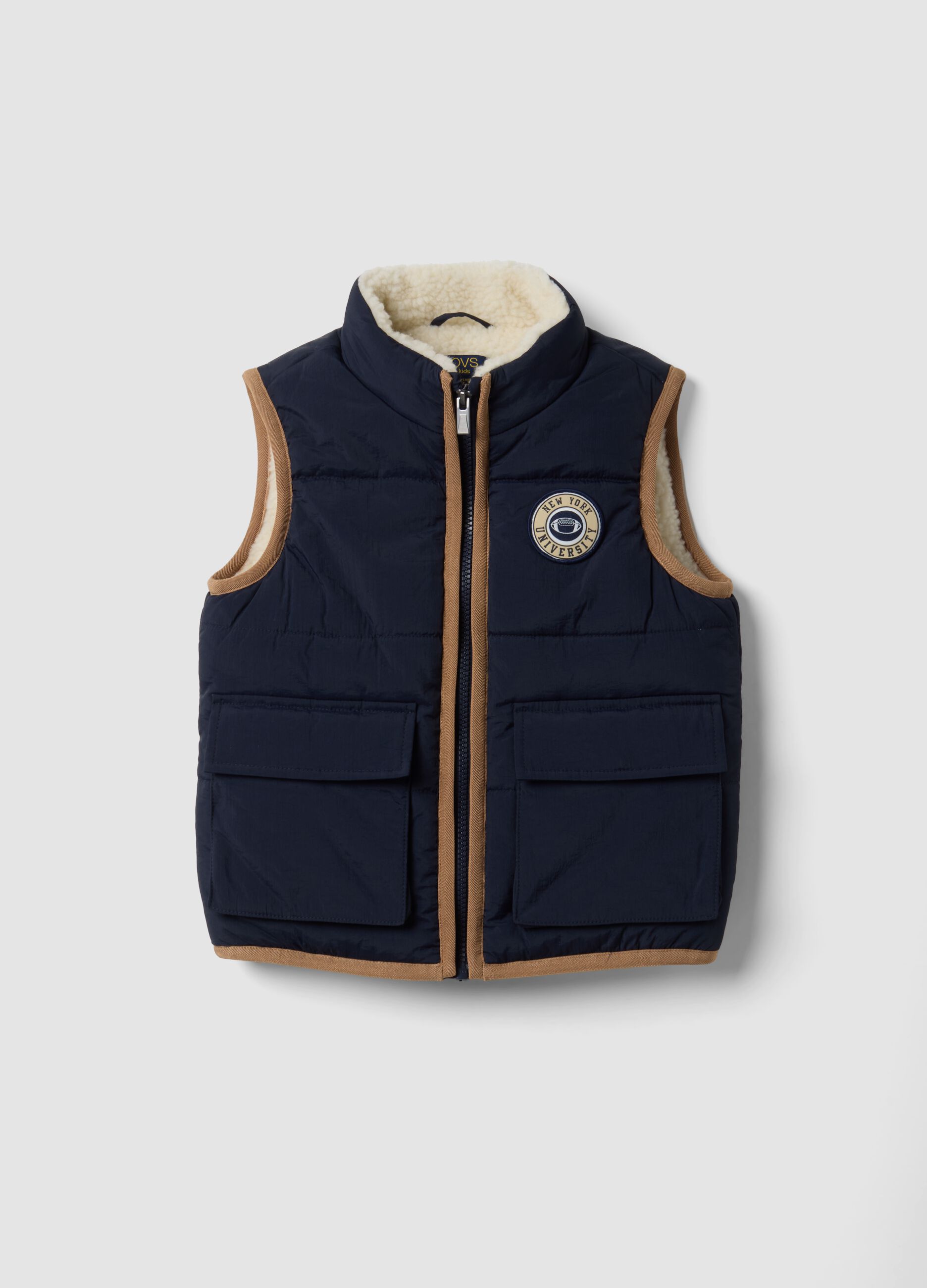 Blue padded gilet with zip and contrast trims