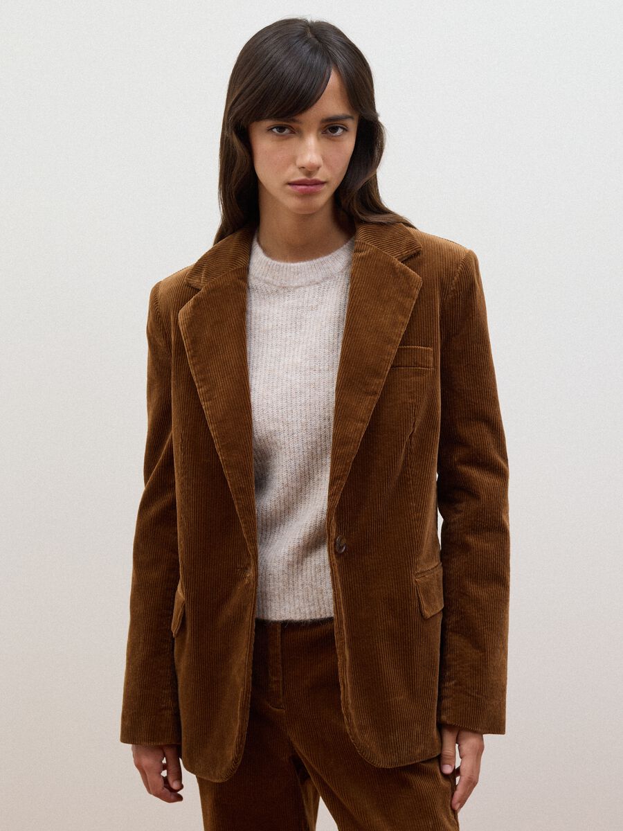 Brown stretch-cotton blazer with ribbed lining and classic lapels_0