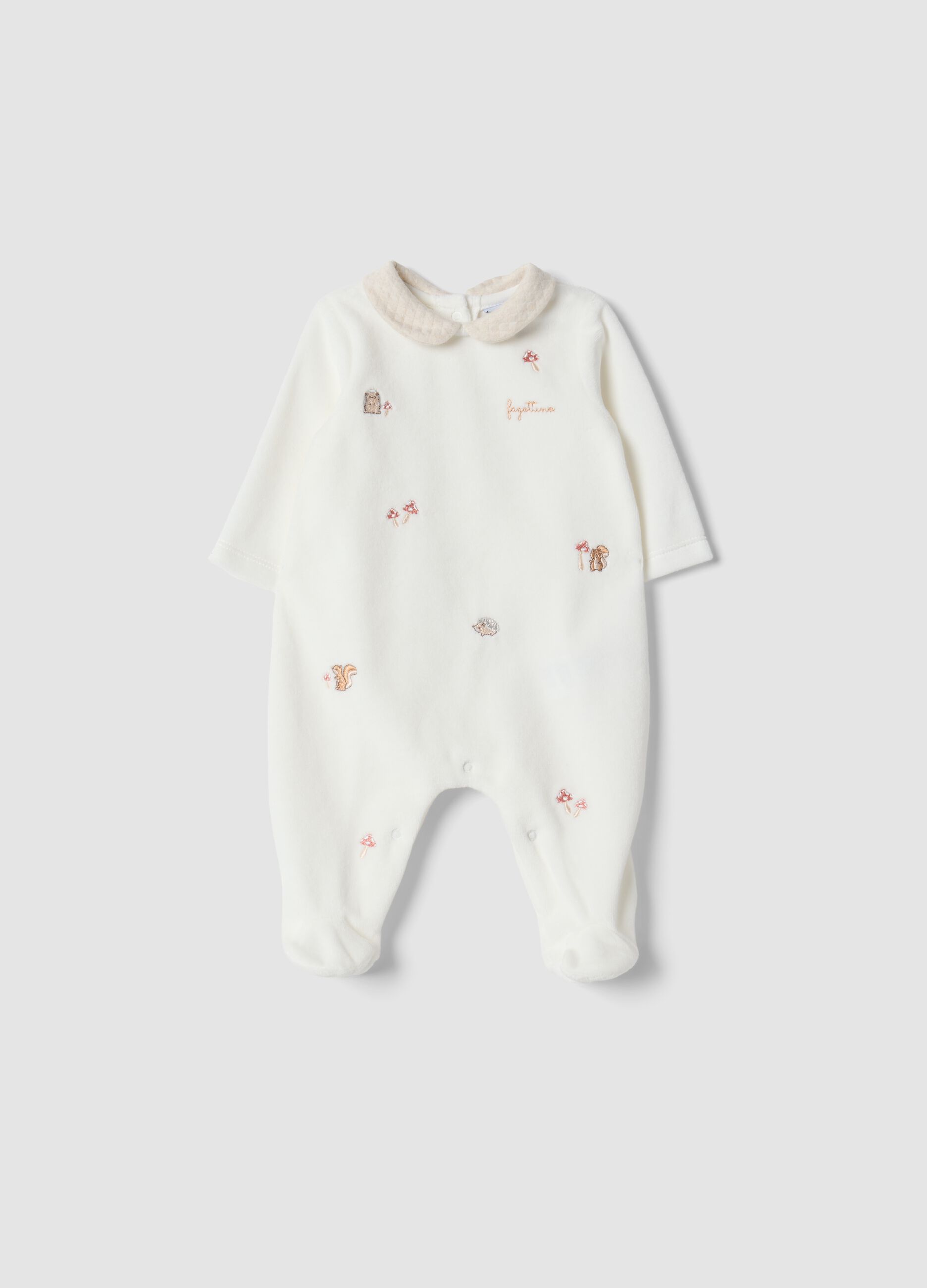 White organic cotton-blend baby sleepsuit with collar and animal embroidery
