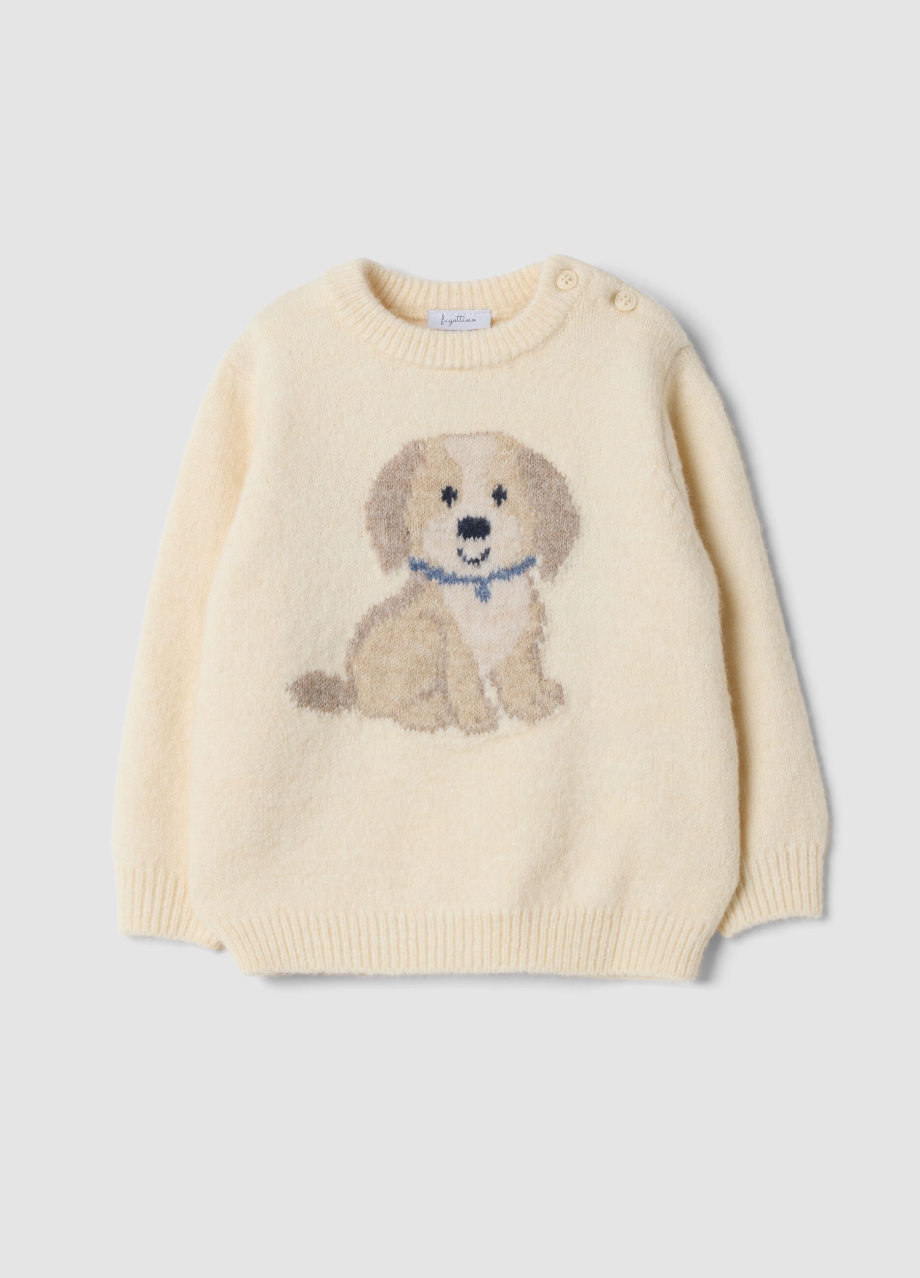 White crew-neck stretch jersey top with puppy print