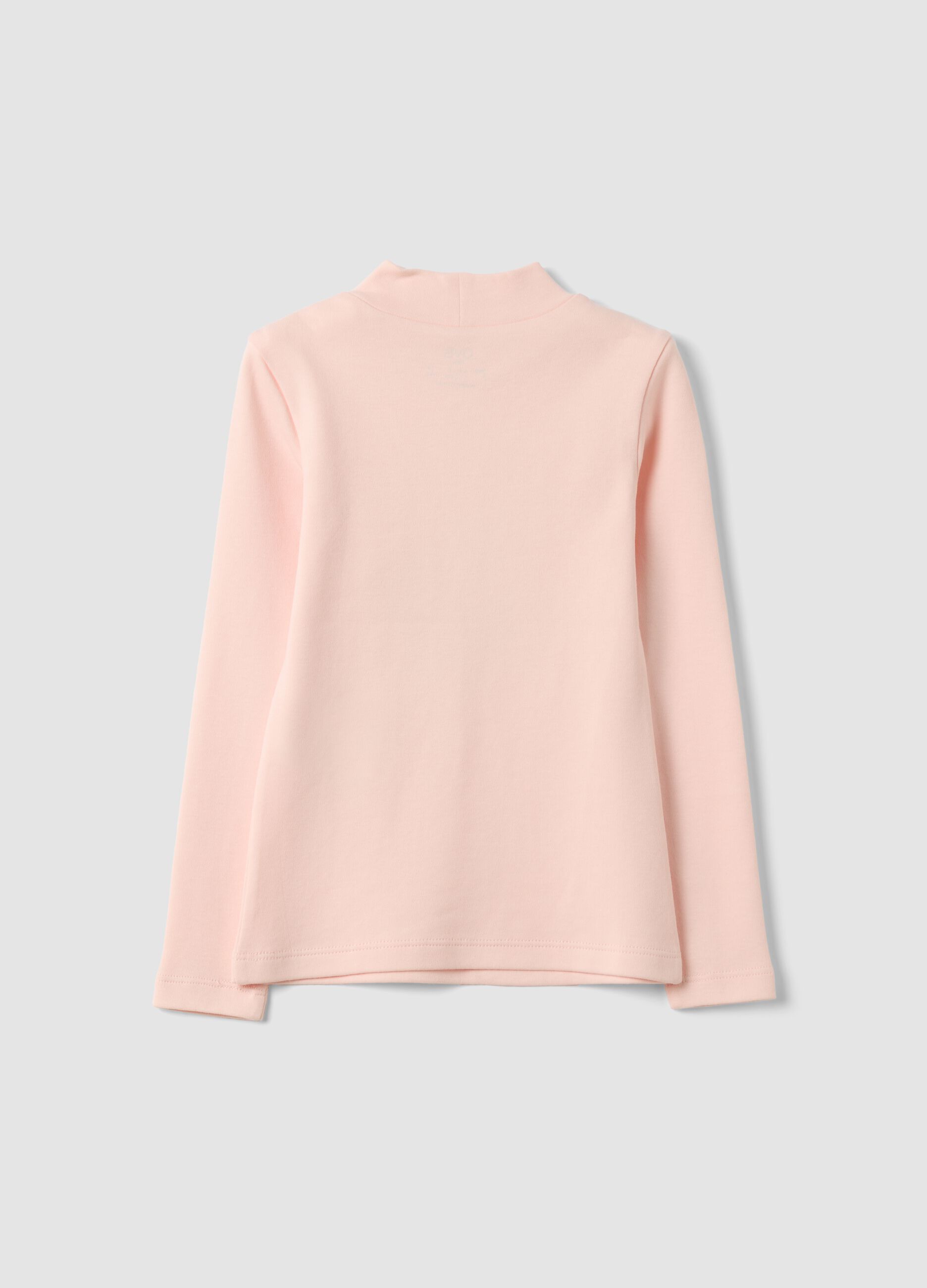 T-shirt rosa in puro cotone organico con collo rialzato e stampa orsetto