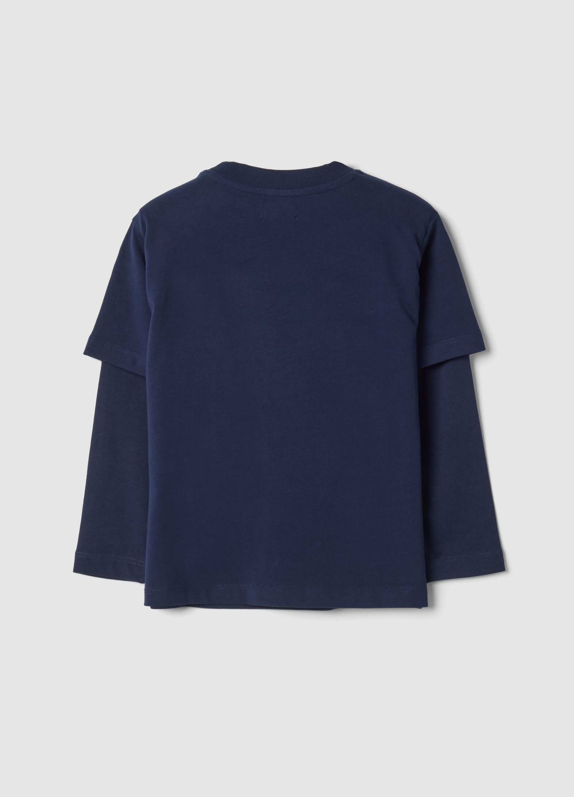 T-shirt blu notte in puro cotone a doppie maniche con stampa regular fit