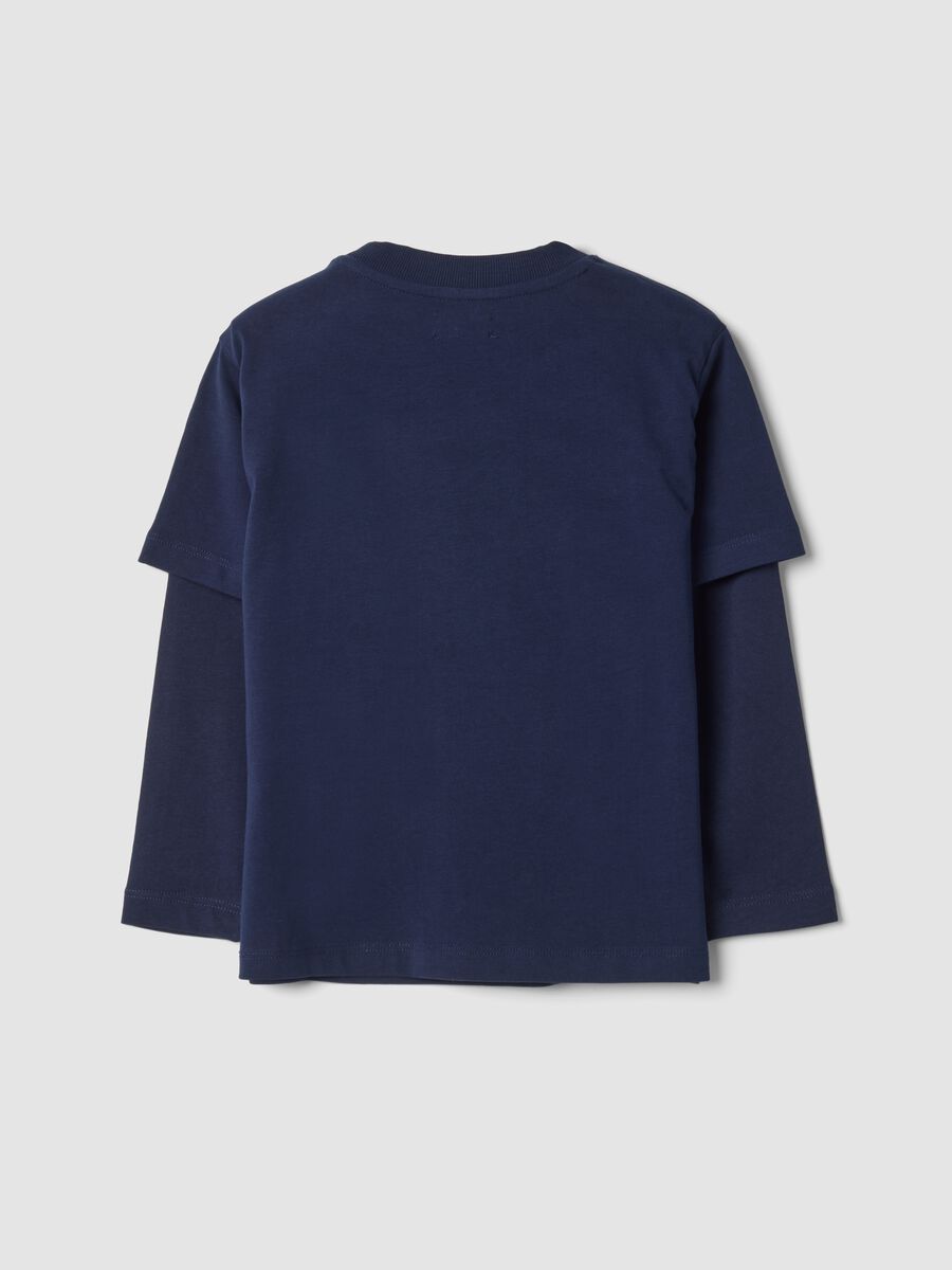 T-shirt blu notte in puro cotone a doppie maniche con stampa regular fit_1