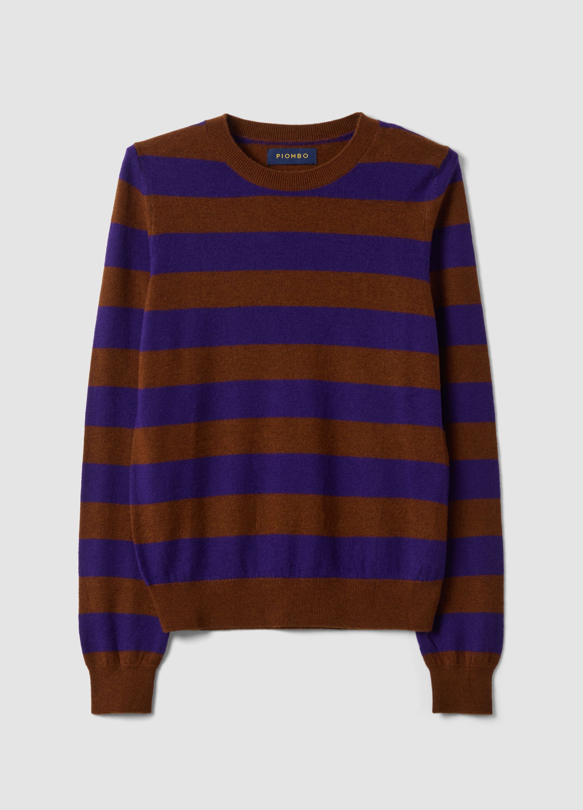 Maglia viola in pura lana a righe con girocollo