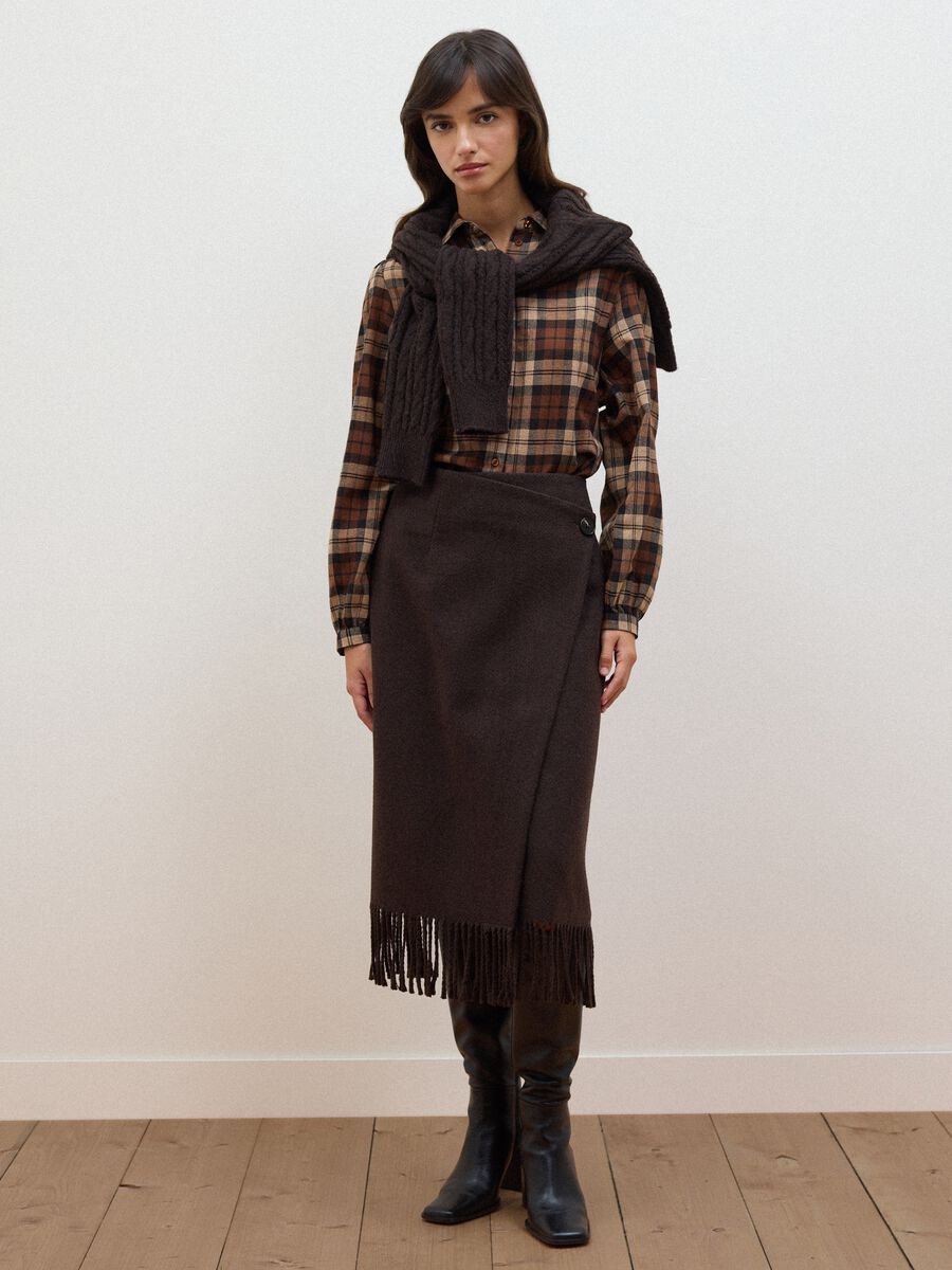 Brown viscose-wool blend skirt with fringed hem_0