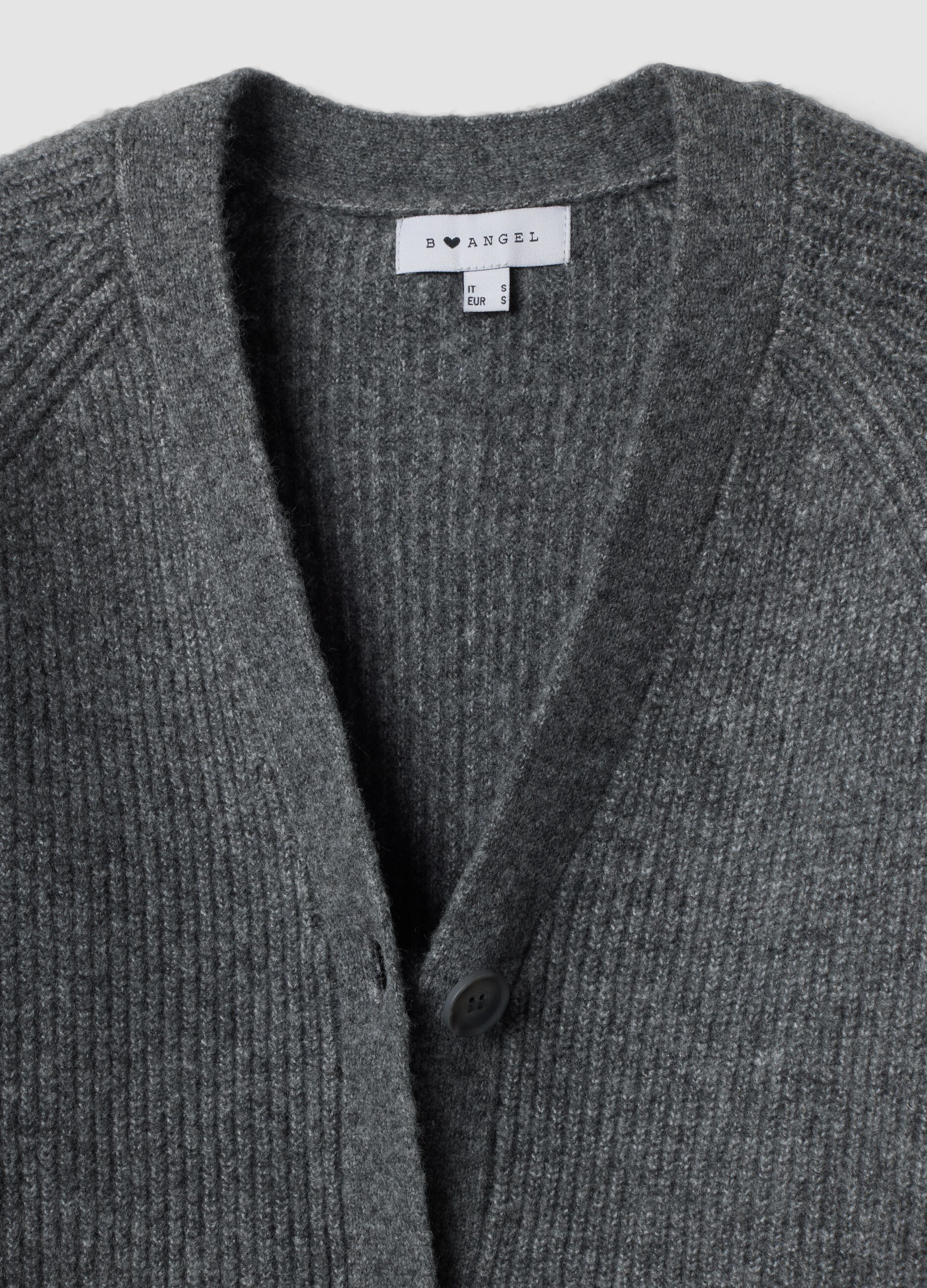 Grey stretch-wool cardigan with deep V-neck, oversized fit