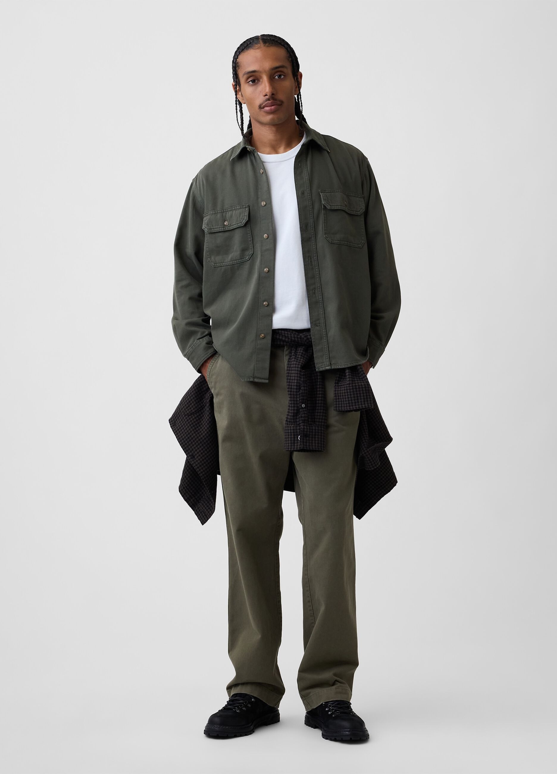Green cotton-lyocell blend shirt with pockets