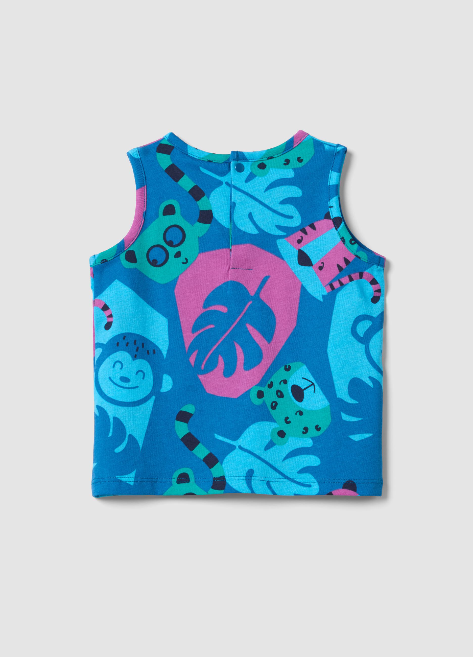 Blue organic cotton tank top with tropical print