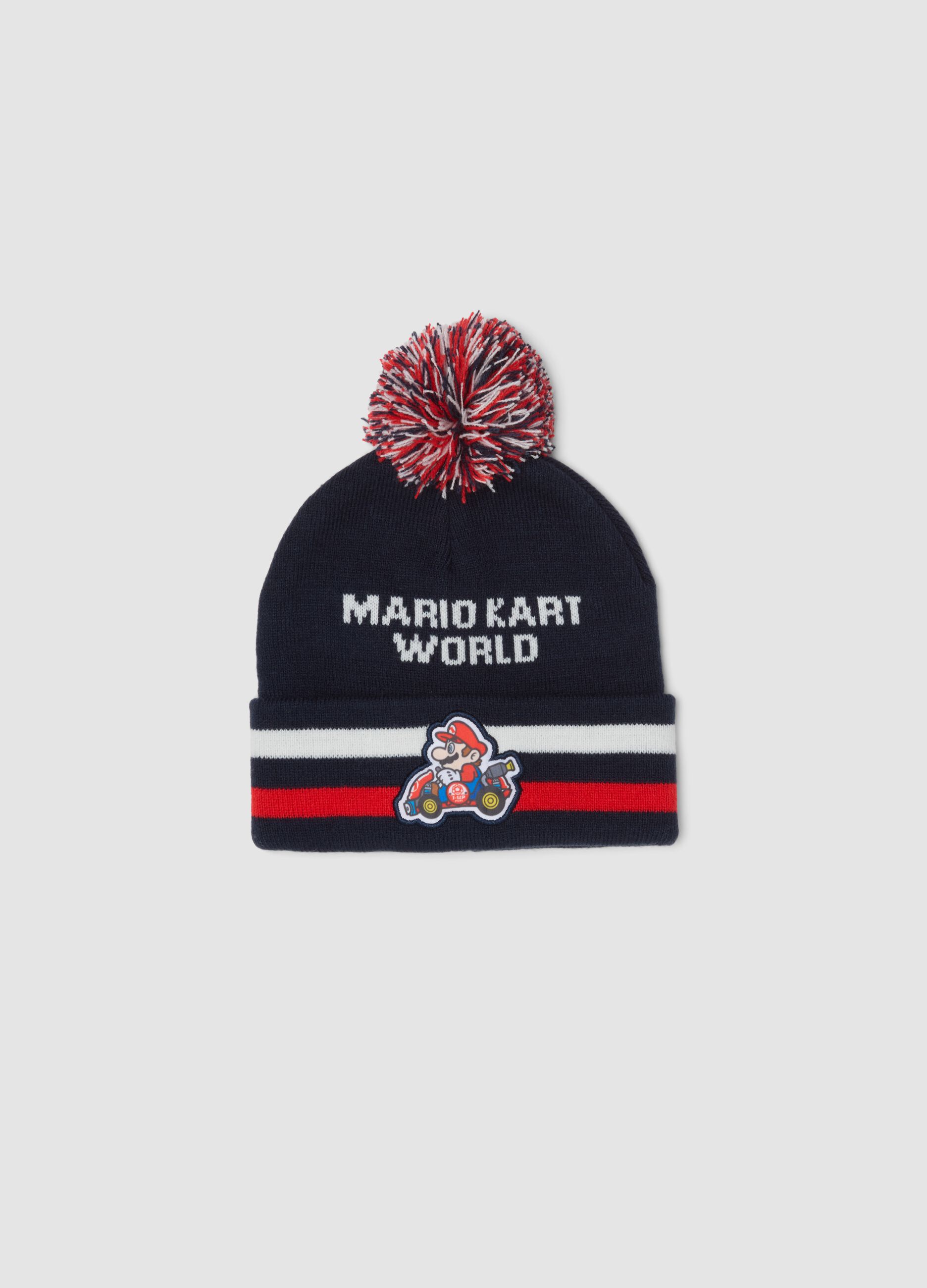 Cappello blu indigo in maglia con pon pon e stampa Mario Kart