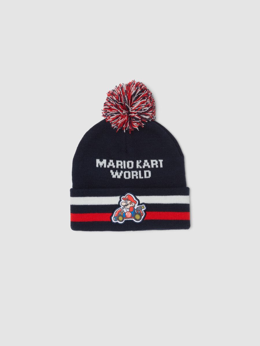 Indigo blue knitted hat with pom-pom and Mario Kart print_0