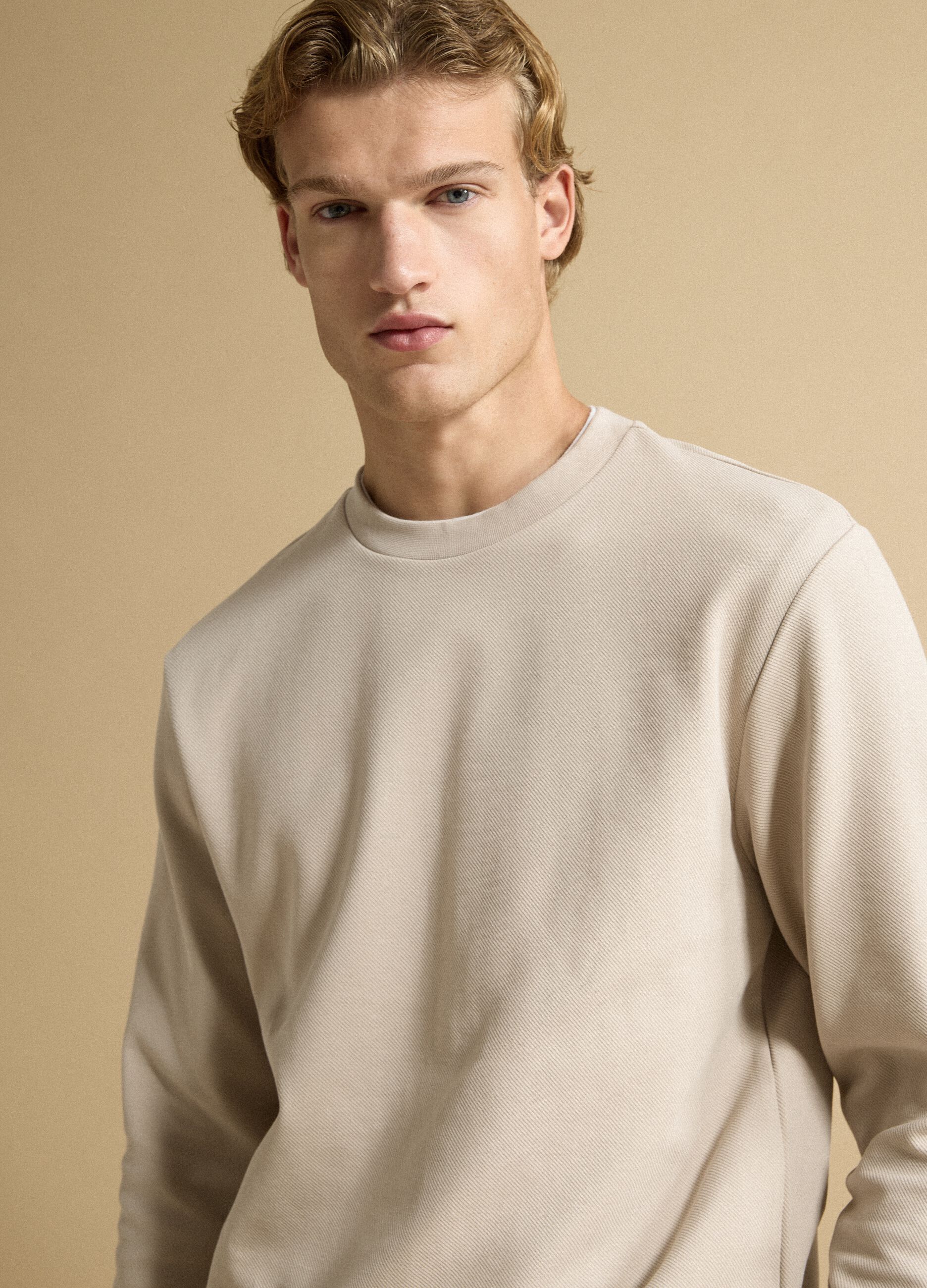 Beige stretch-cotton relaxed-fit crew-neck sweatshirt