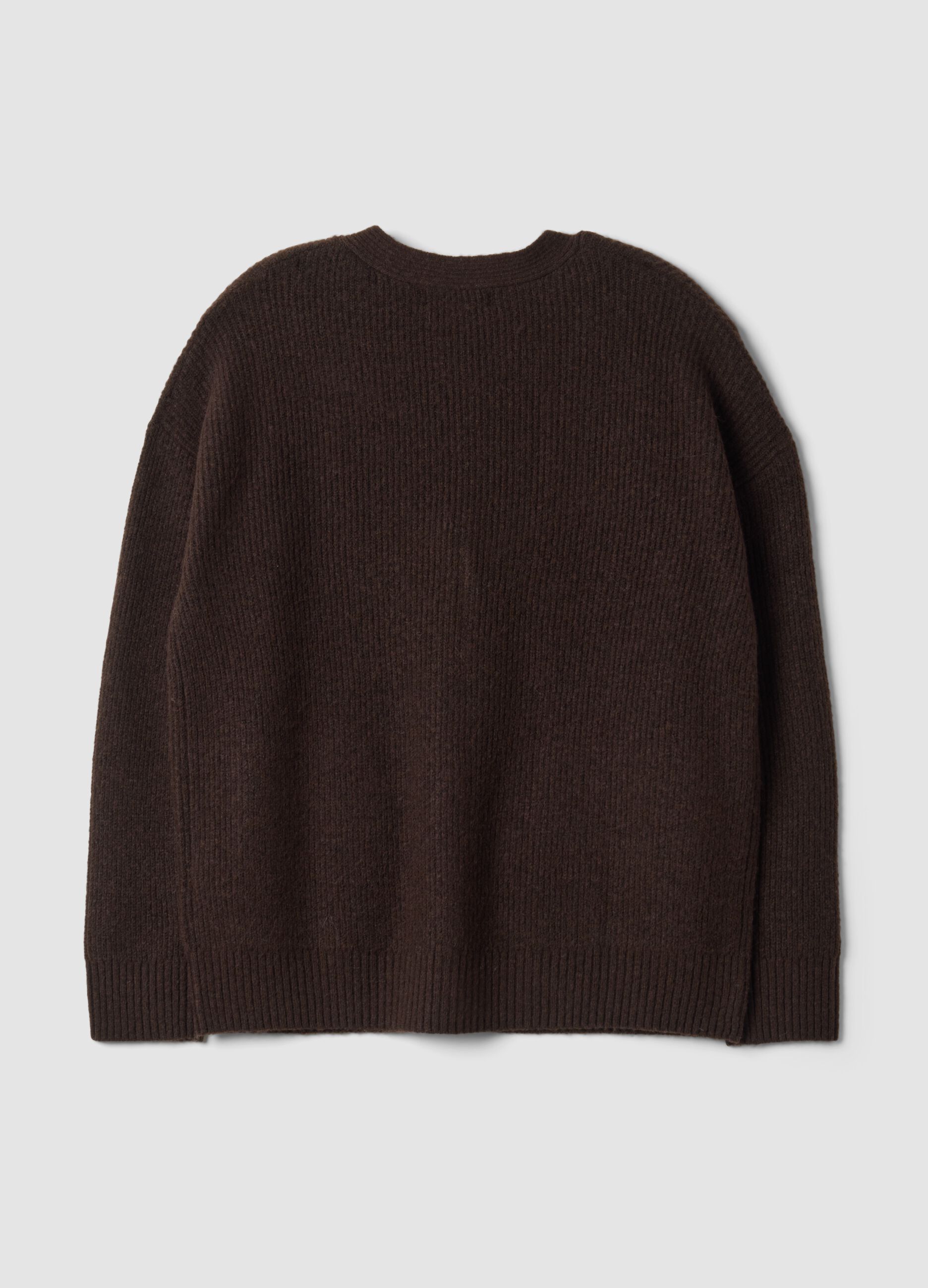 Brown stretch-fabric cardigan with deep V-neck