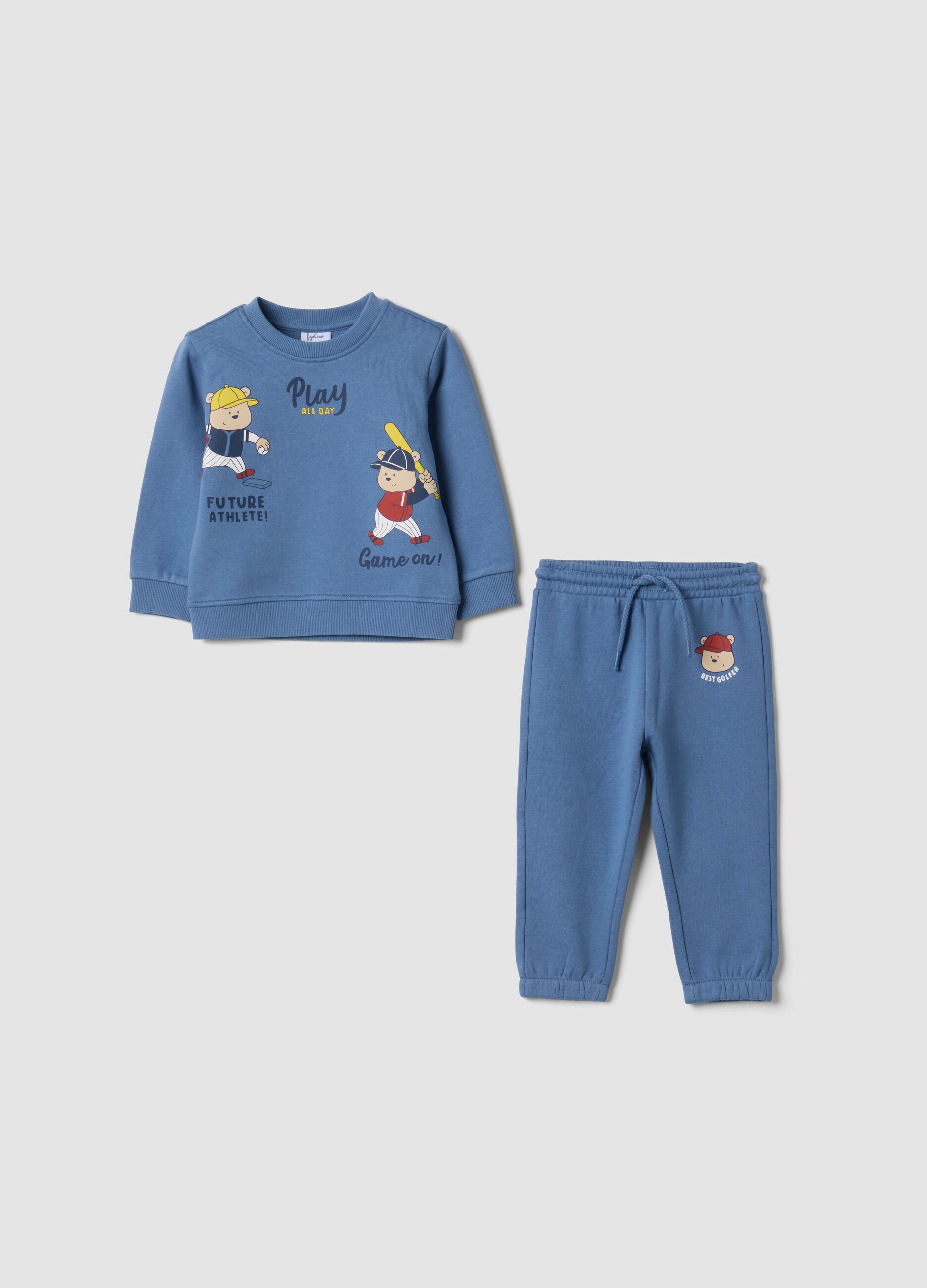 Blue pure cotton jogging set with teddy bear print