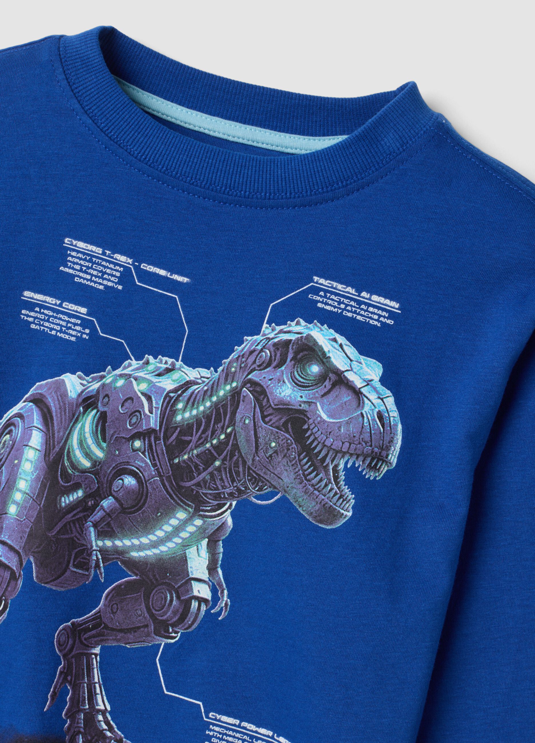 T-shirt blu girocollo in puro cotone organico con stampa dinosauro