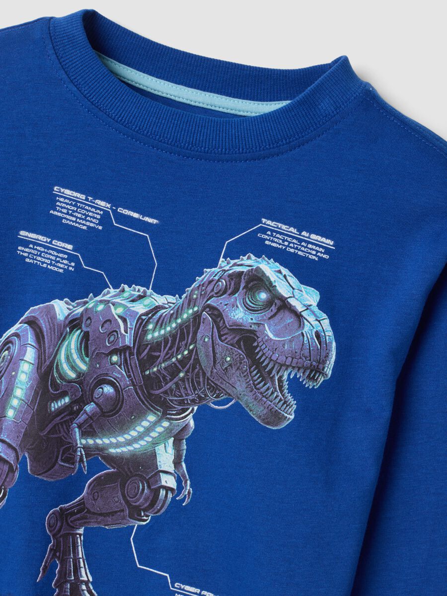Blue organic cotton crew-neck T-shirt with dinosaur print_2