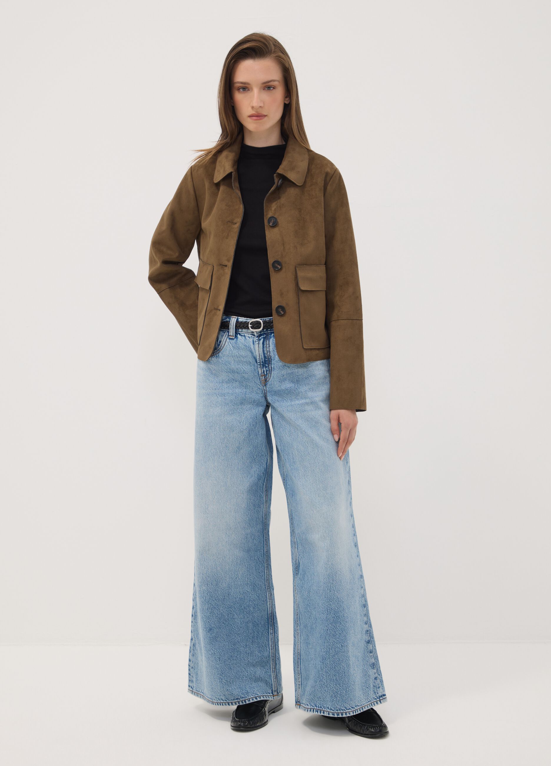 Brown regular-fit shacket with patch pockets