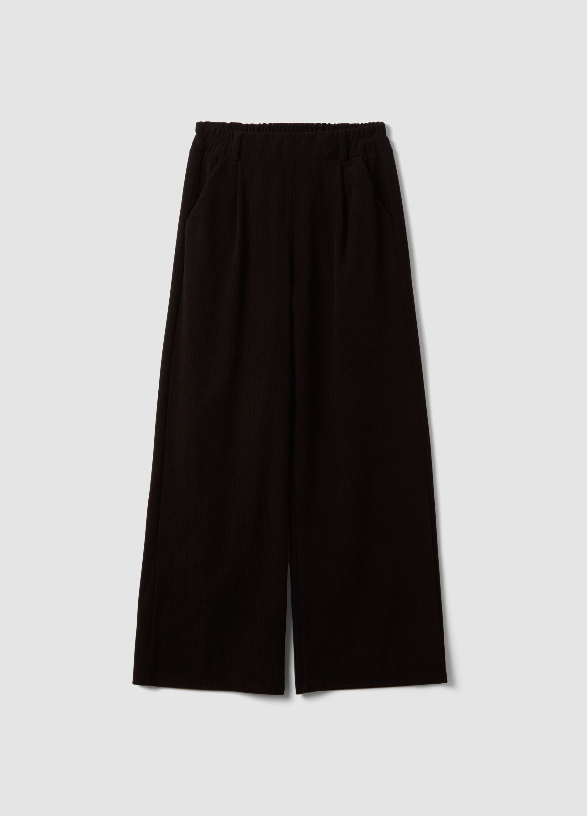 Brown wide-leg ribbed trousers, regular fit