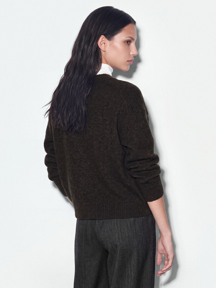 Brown stretch wool cardigan with deep V-neck, oversized fit_3