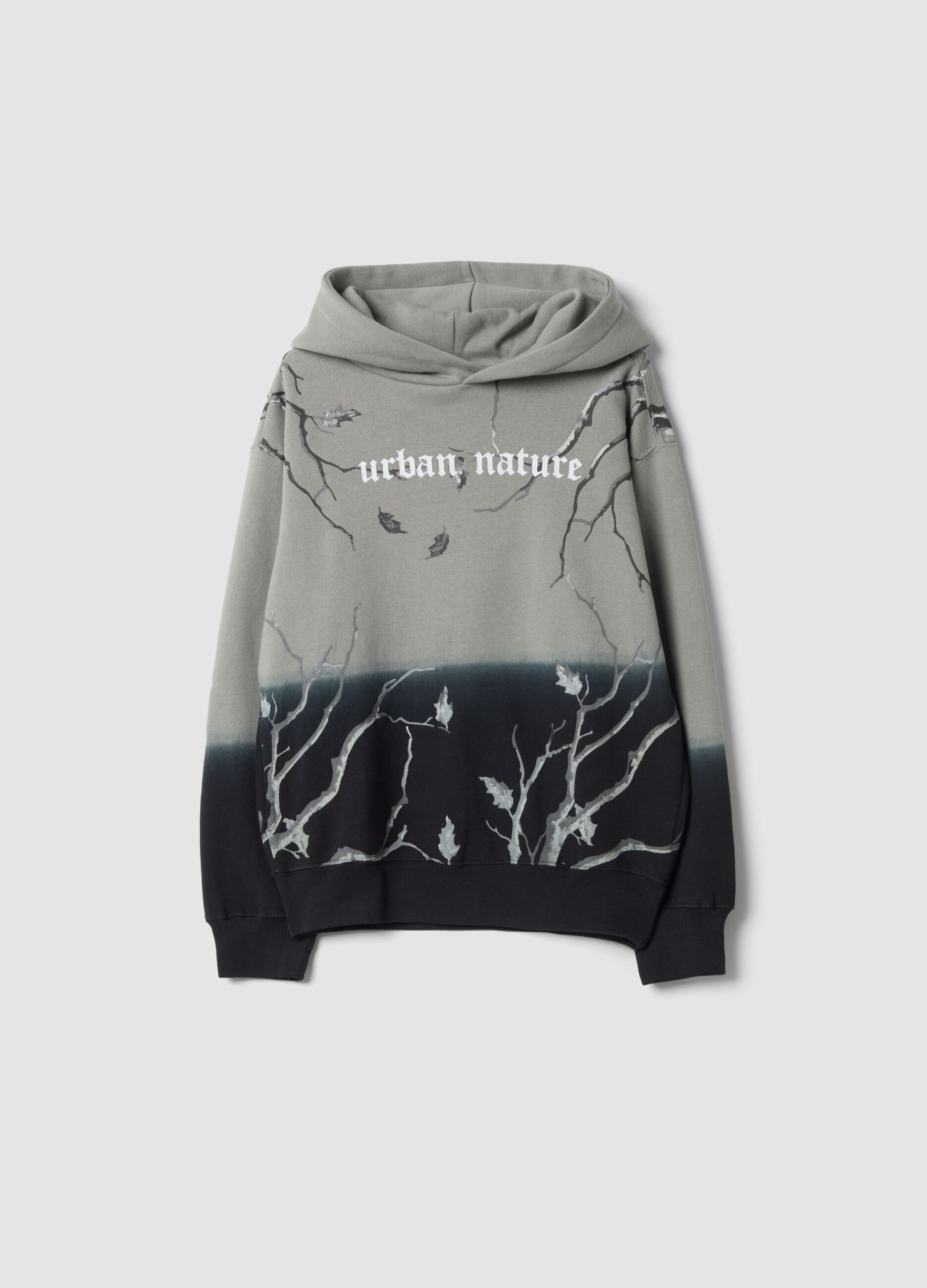 Light grey and navy cotton-blend hoodie with botanical print