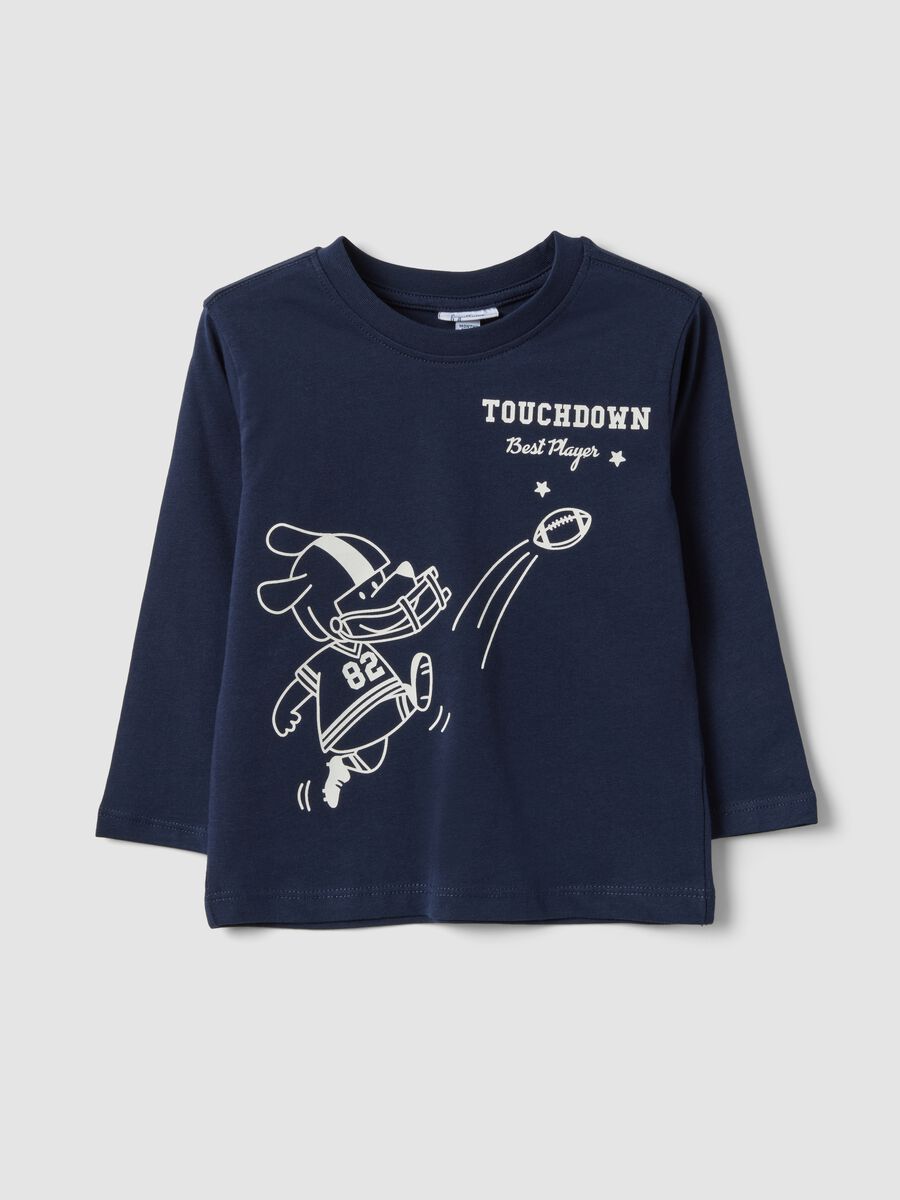 Blue organic cotton T-shirt with collegiate print for baby boy_0