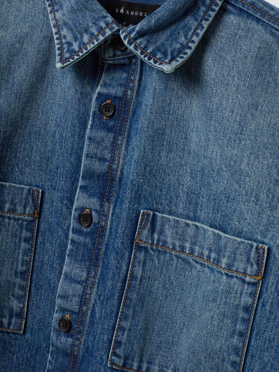 Blue pure cotton denim shirt, regular fit_5