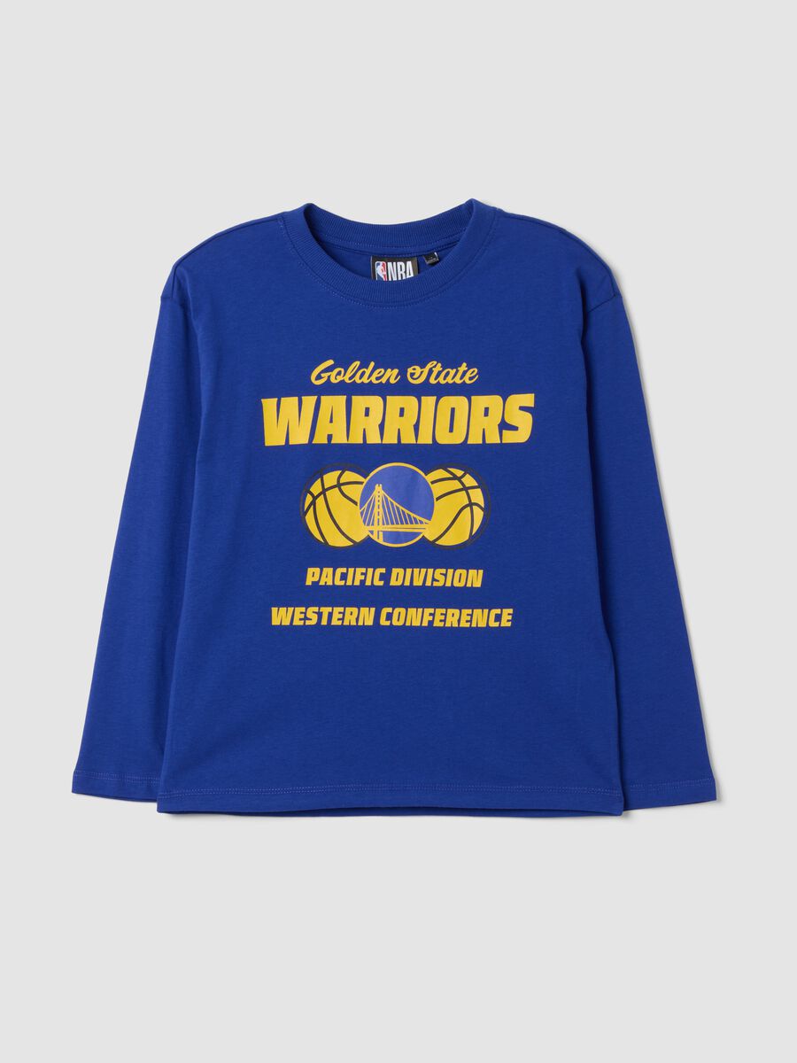 Blue pure cotton T-shirt with basketball print_0