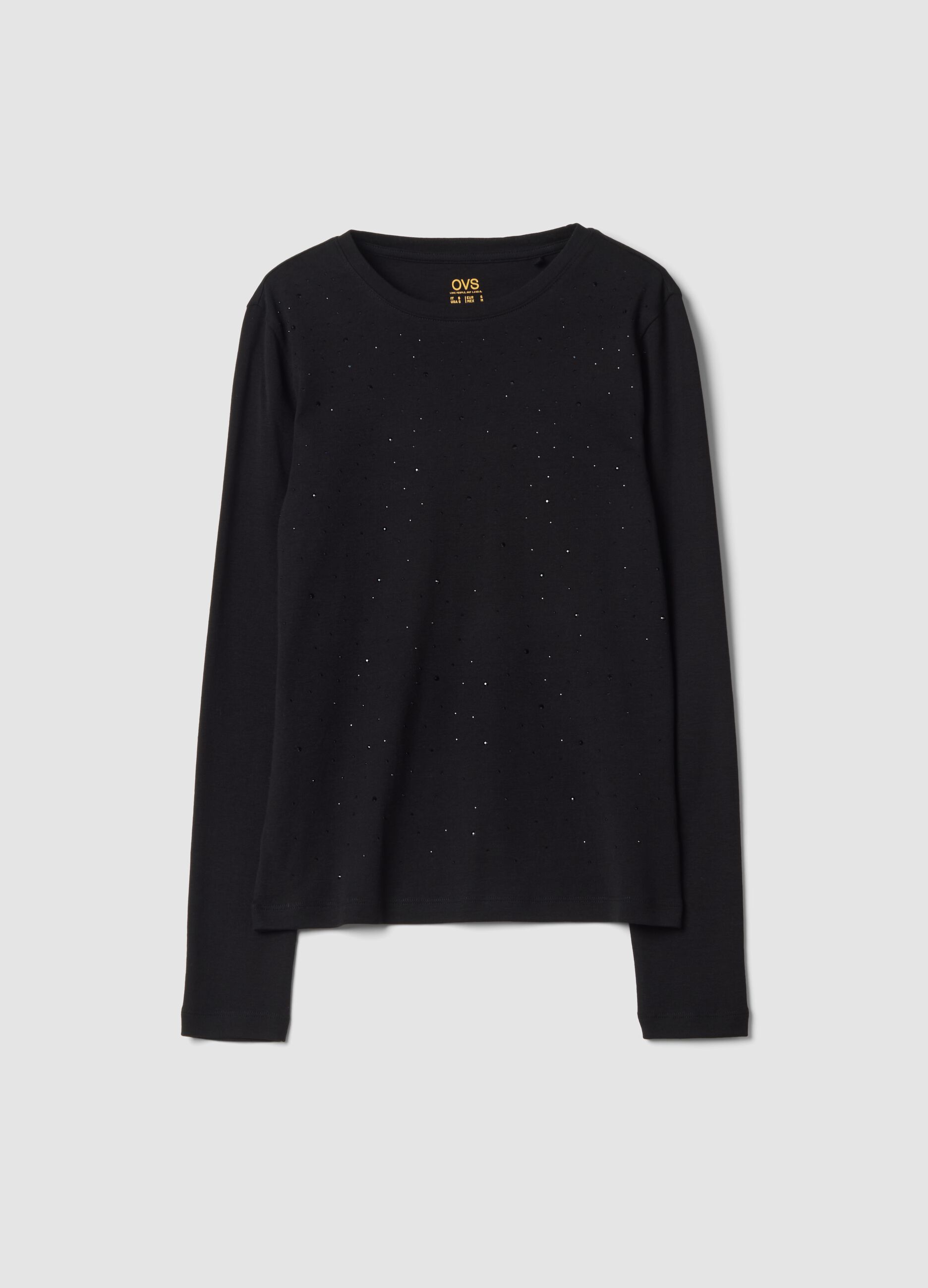 Black crew-neck pure cotton T-shirt with rhinestones, regular fit
