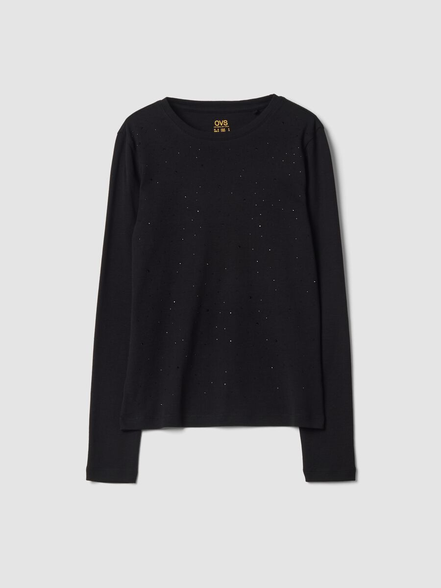 Black crew-neck pure cotton T-shirt with rhinestones, regular fit_0