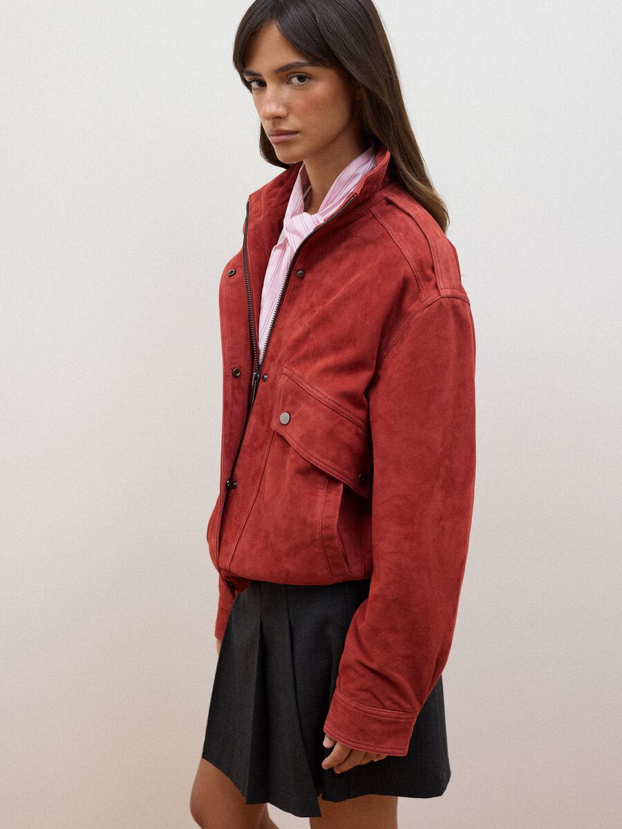 Red genuine leather bomber jacket with zip and press studs, regular fit_0